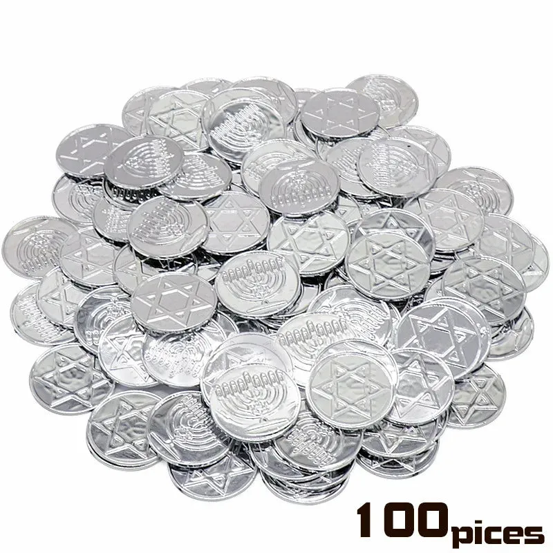 100pcs Hanukkah Gold Coin Plastic Chip Pirate Props Toys Crafts Jewish Menorah David Star
