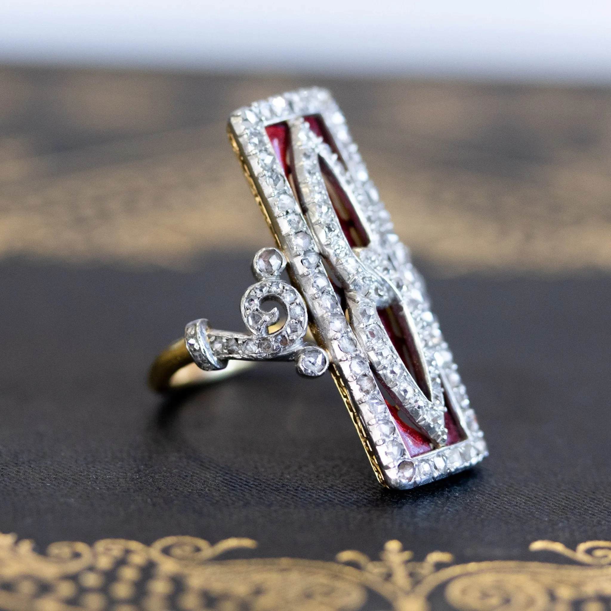 1.25ctw French Antique Diamond and Enamel Dinner Ring