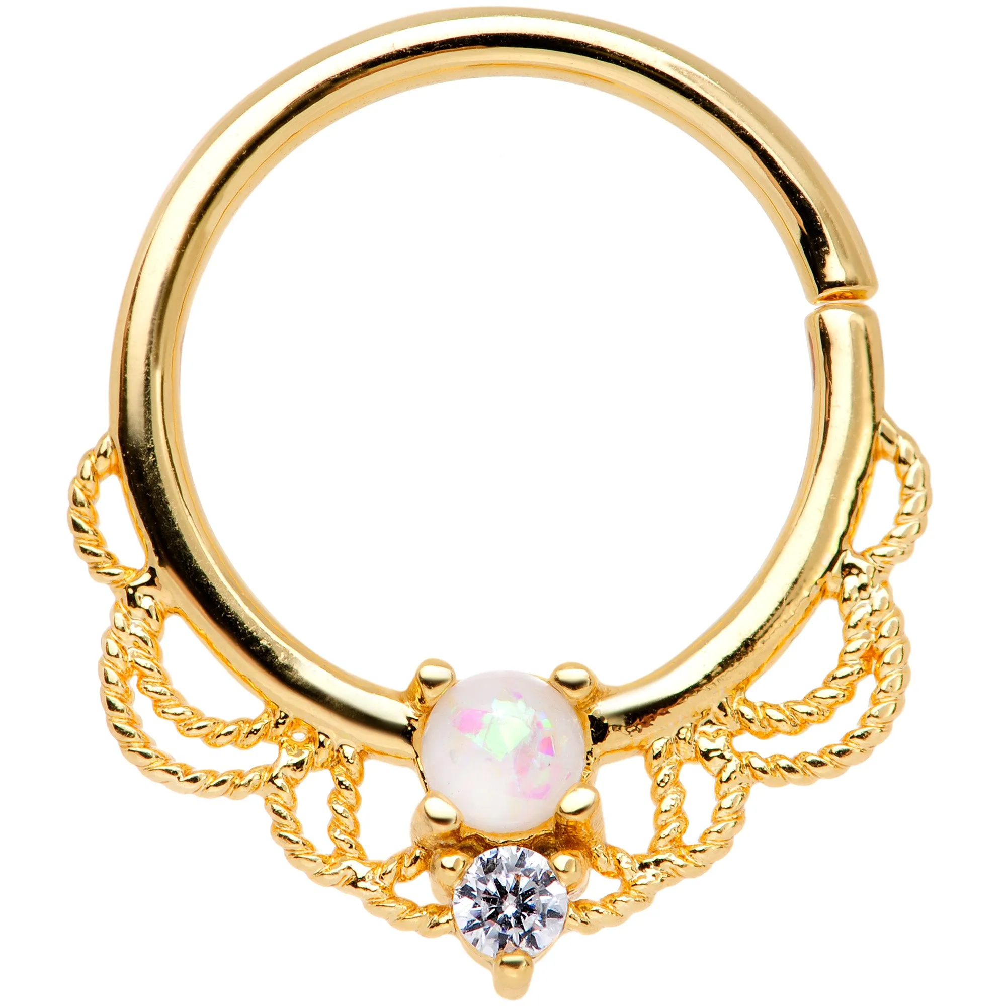 14 Gauge 9/16 White Faux Opal Gold Tone Lacy Nipple Clicker Set