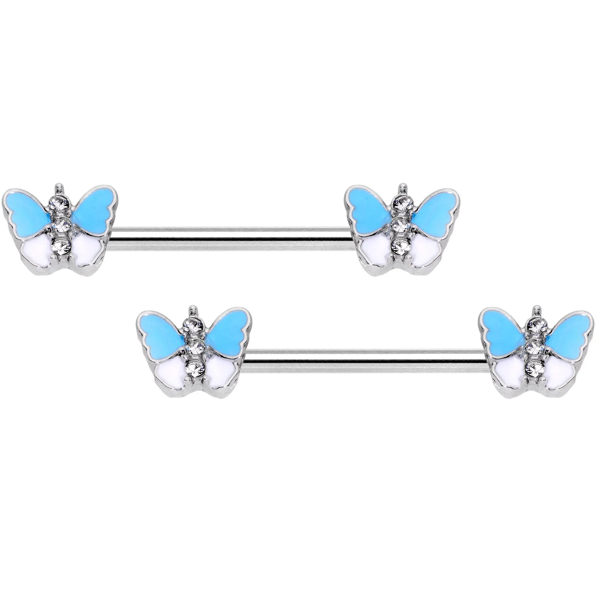14 Gauge Blue White Inlay Butterfly BCR Barbell Nipple Ring Set of 4