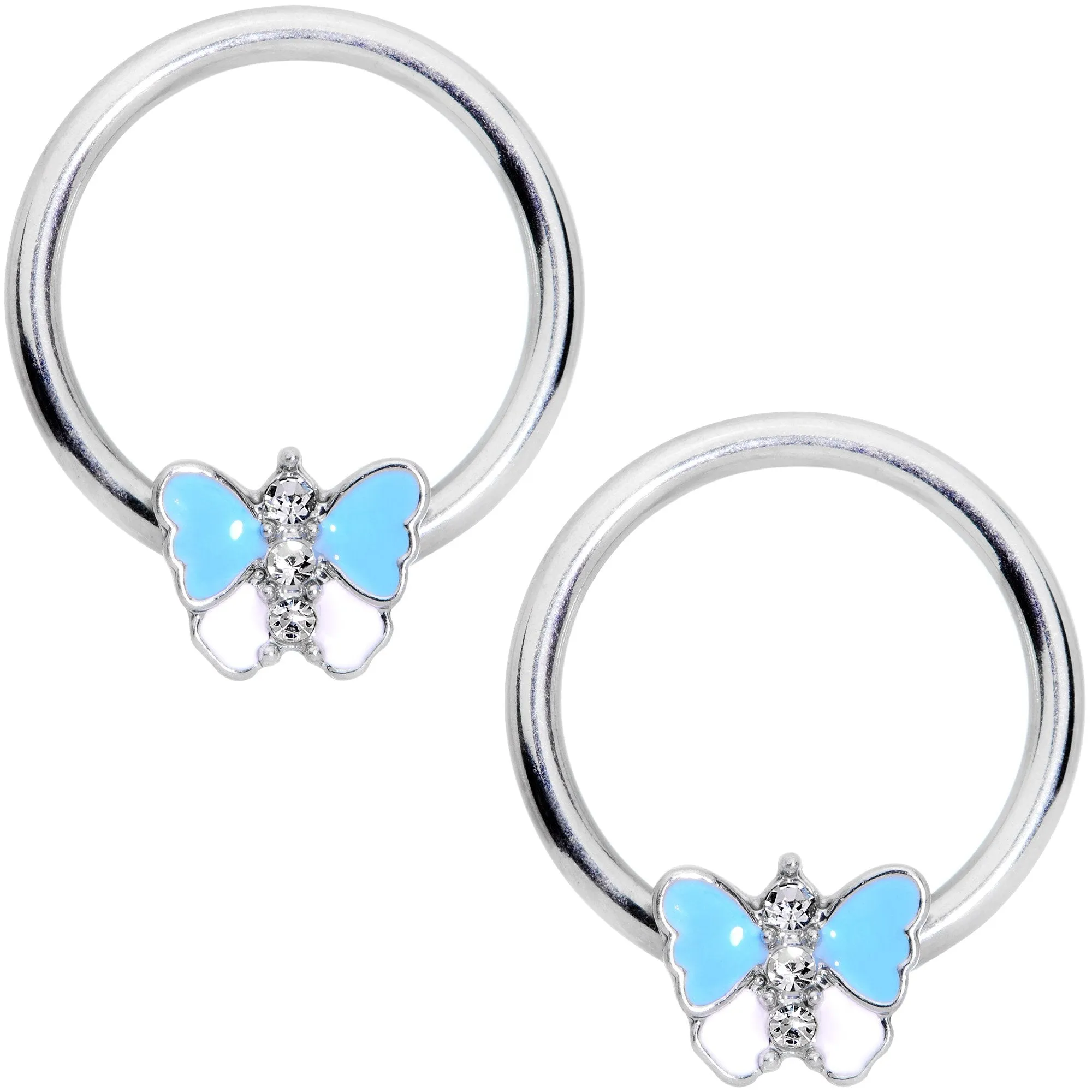 14 Gauge Blue White Inlay Butterfly BCR Barbell Nipple Ring Set of 4
