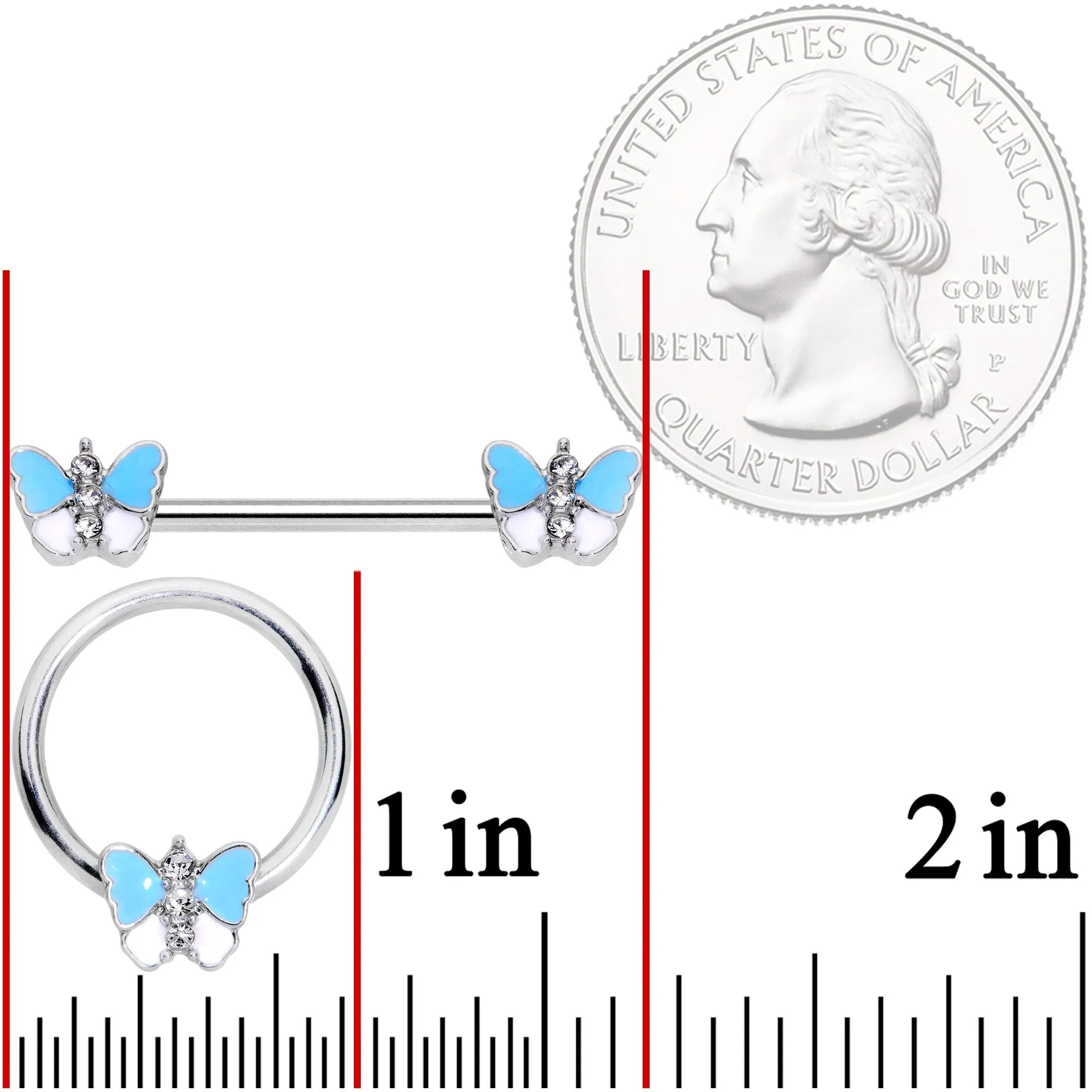 14 Gauge Blue White Inlay Butterfly BCR Barbell Nipple Ring Set of 4