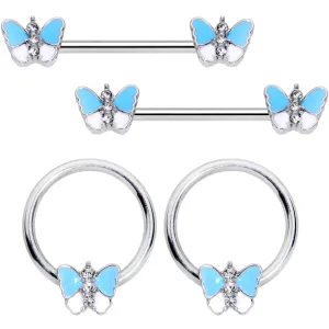 14 Gauge Blue White Inlay Butterfly BCR Barbell Nipple Ring Set of 4