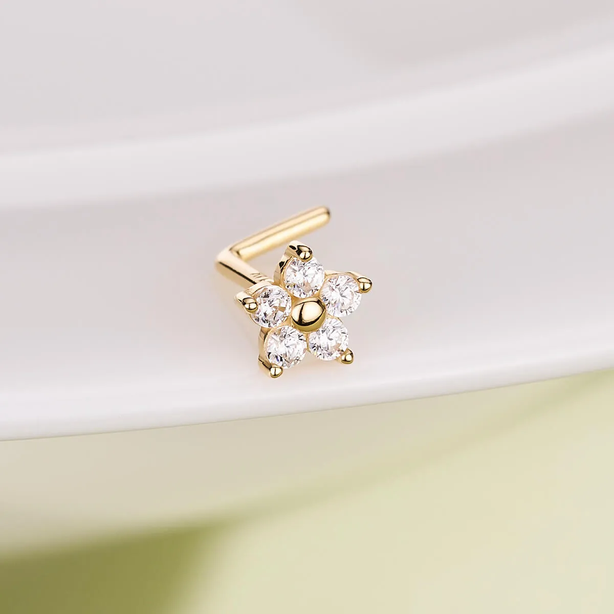 14K Solid Gold Flower Top L-Shaped Nose Stud