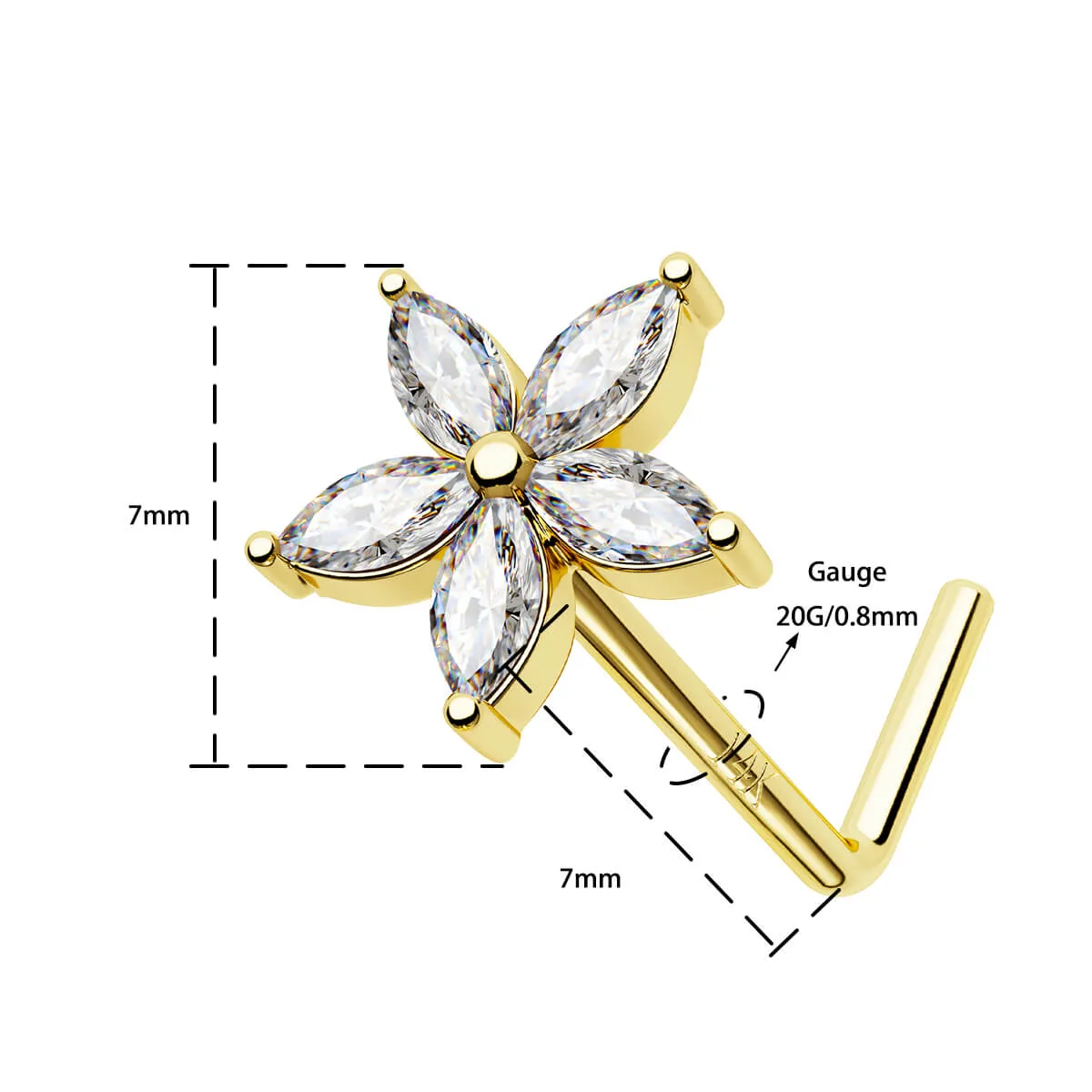 14K Solid Gold Flower Top L-Shaped Nose Stud