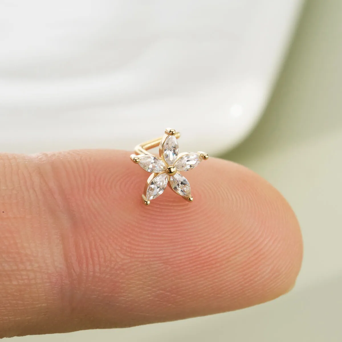 14K Solid Gold Flower Top L-Shaped Nose Stud