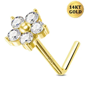 14K Solid Gold Flower Top L-Shaped Nose Stud