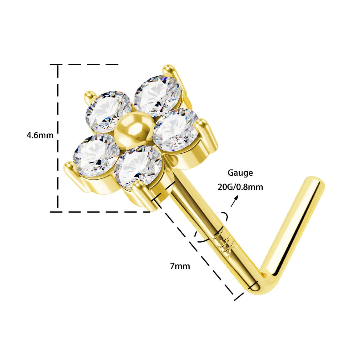 14K Solid Gold Flower Top L-Shaped Nose Stud
