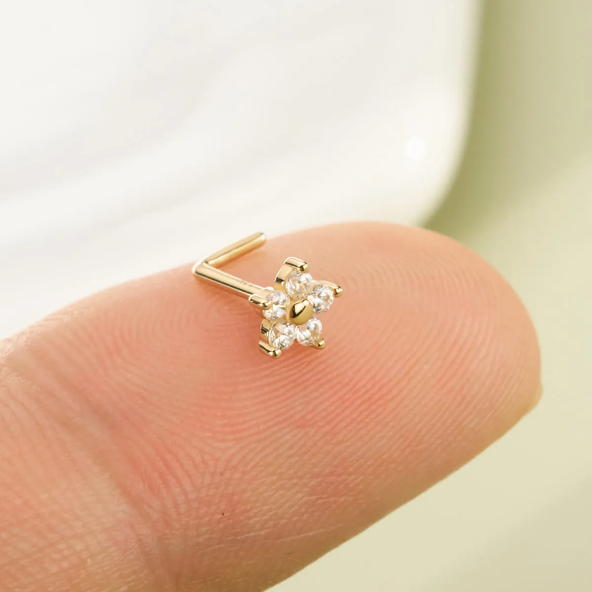 14K Solid Gold Flower Top L-Shaped Nose Stud