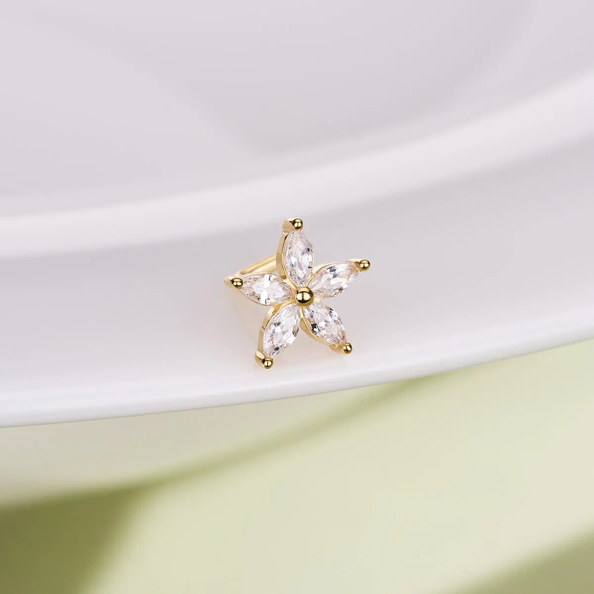14K Solid Gold Flower Top L-Shaped Nose Stud