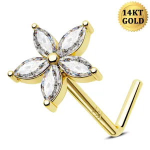 14K Solid Gold Flower Top L-Shaped Nose Stud