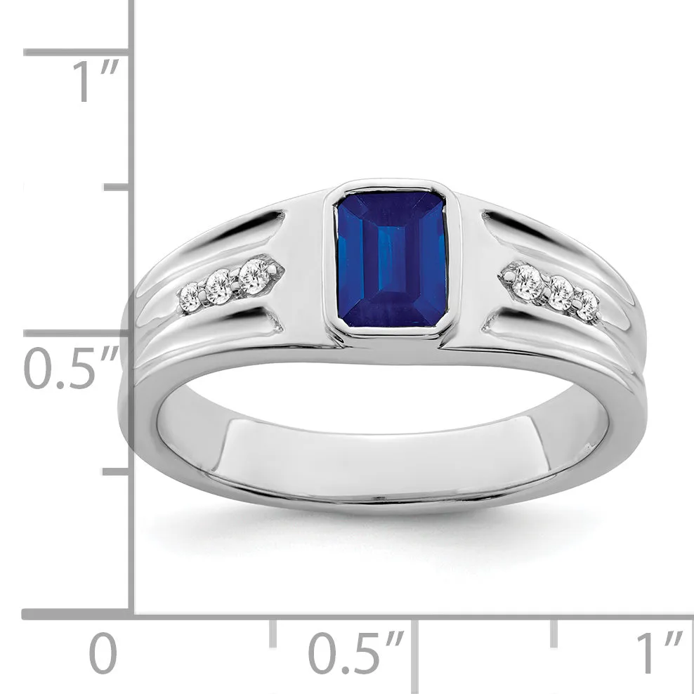 14k White Gold Created Sapphire and Diamond Mens Ring