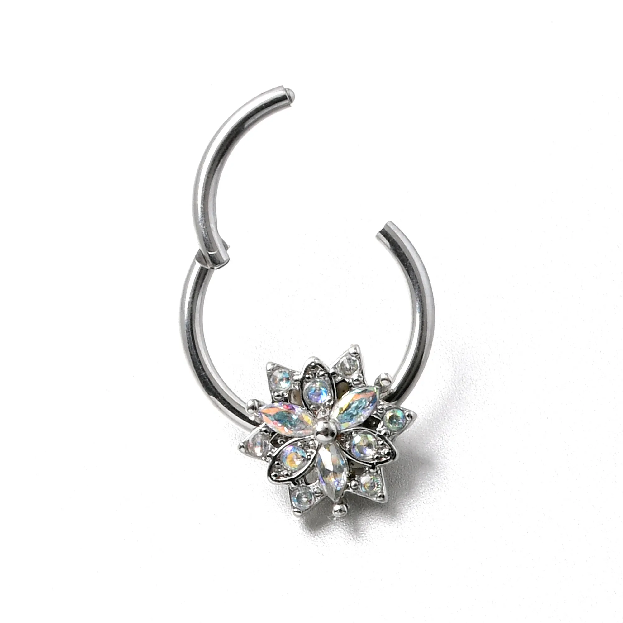 16 Gauge 3/8 Aurora CZ Gem Snowflake Style Hinged Segment Ring
