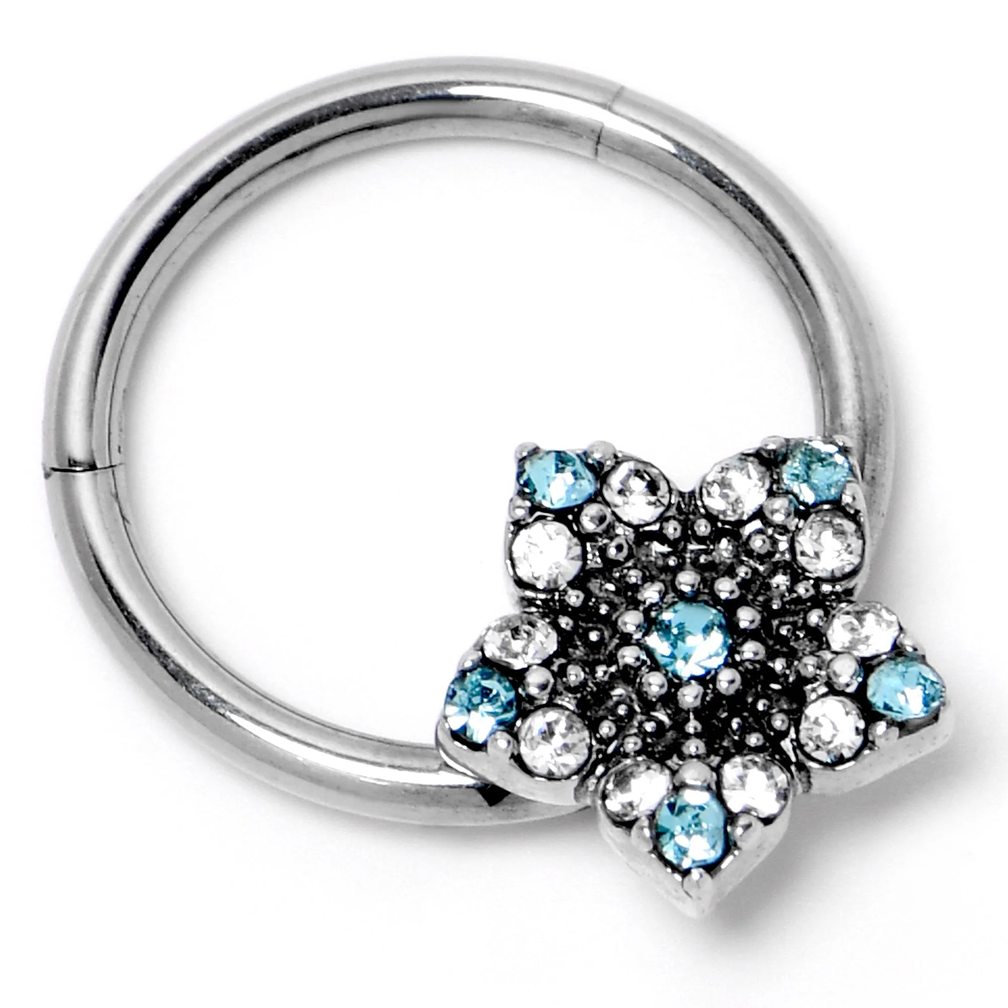 16 Gauge 3/8 Blue Clear Gem Opulent Flower Hinged Segment Ring