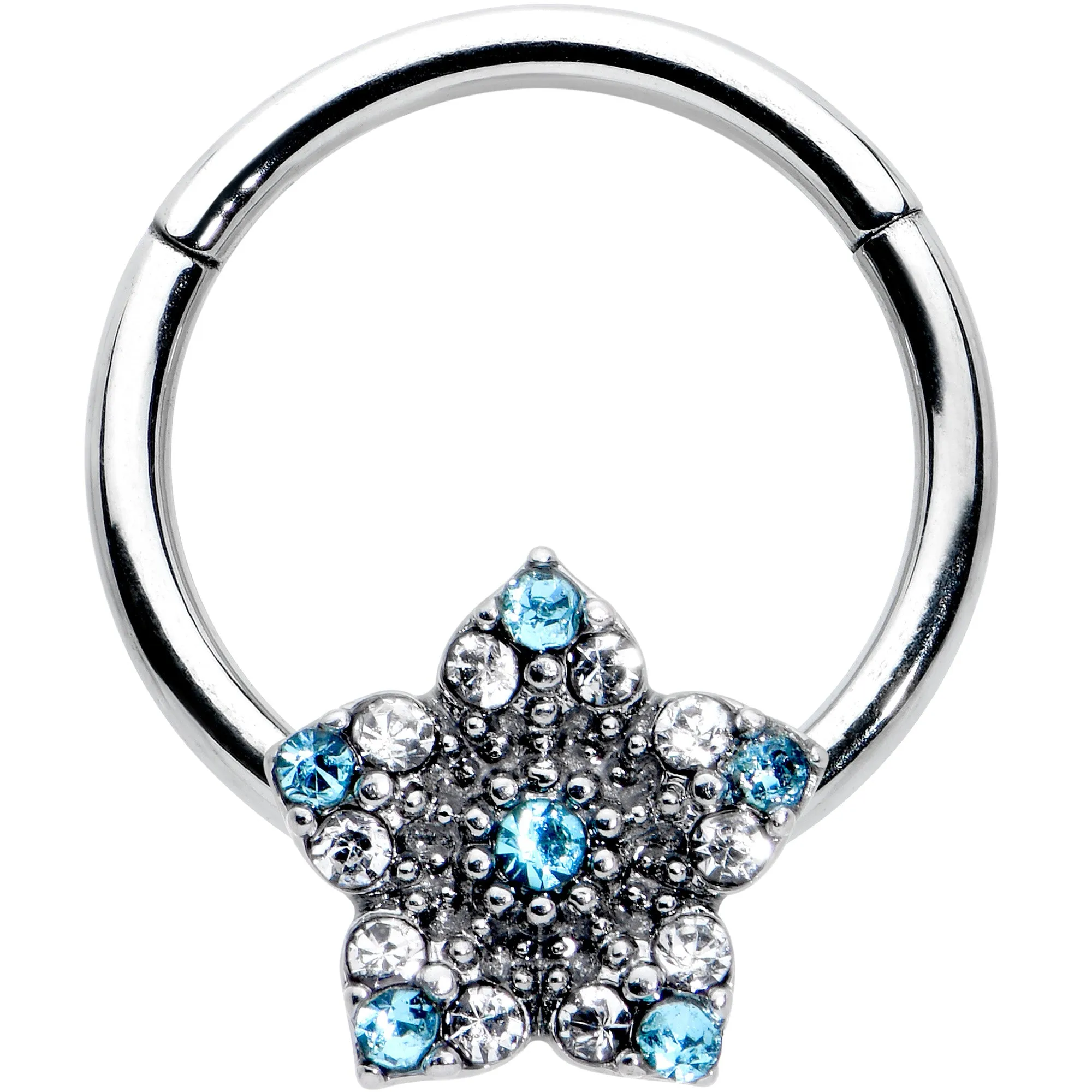 16 Gauge 3/8 Blue Clear Gem Opulent Flower Hinged Segment Ring