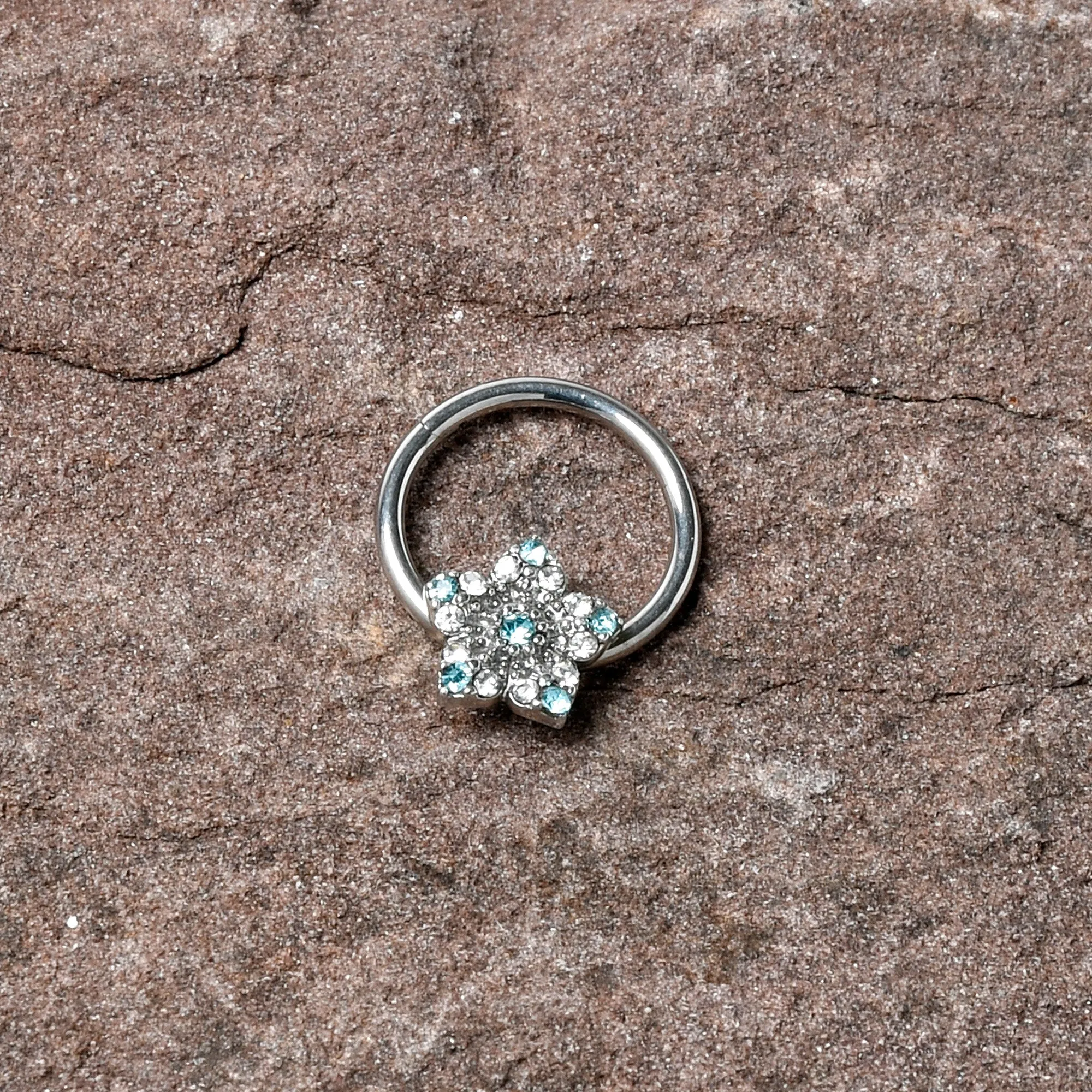 16 Gauge 3/8 Blue Clear Gem Opulent Flower Hinged Segment Ring