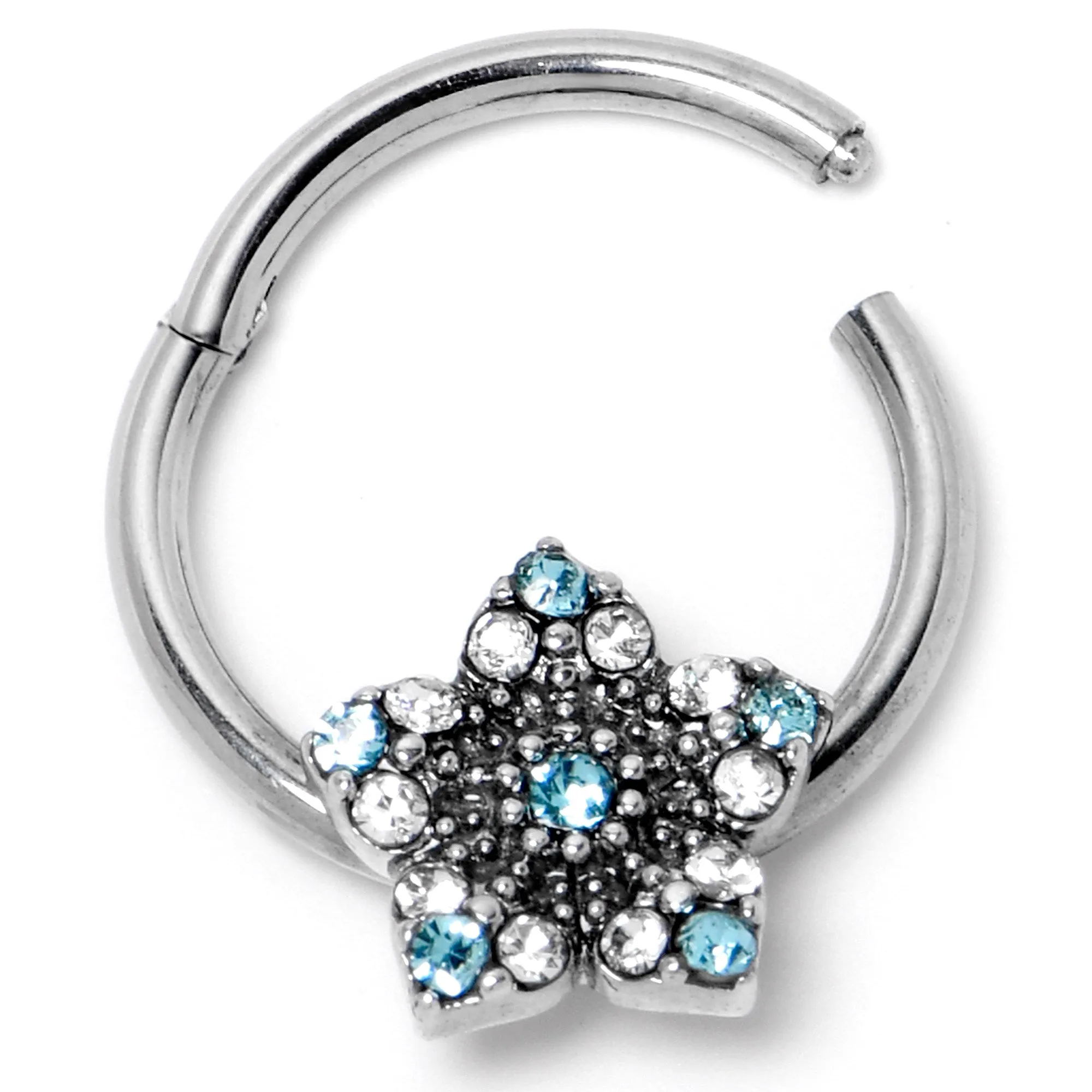 16 Gauge 3/8 Blue Clear Gem Opulent Flower Hinged Segment Ring