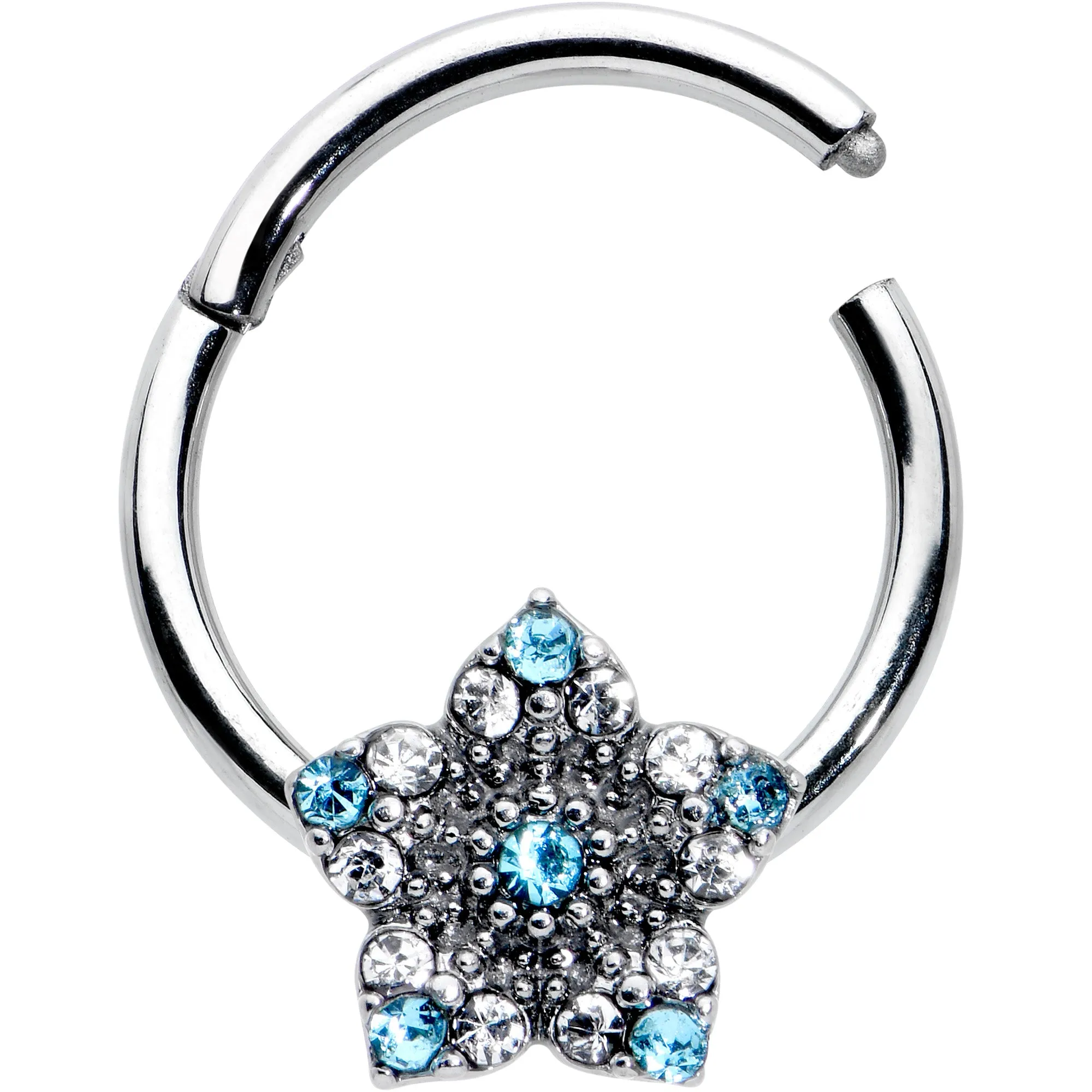 16 Gauge 3/8 Blue Clear Gem Opulent Flower Hinged Segment Ring