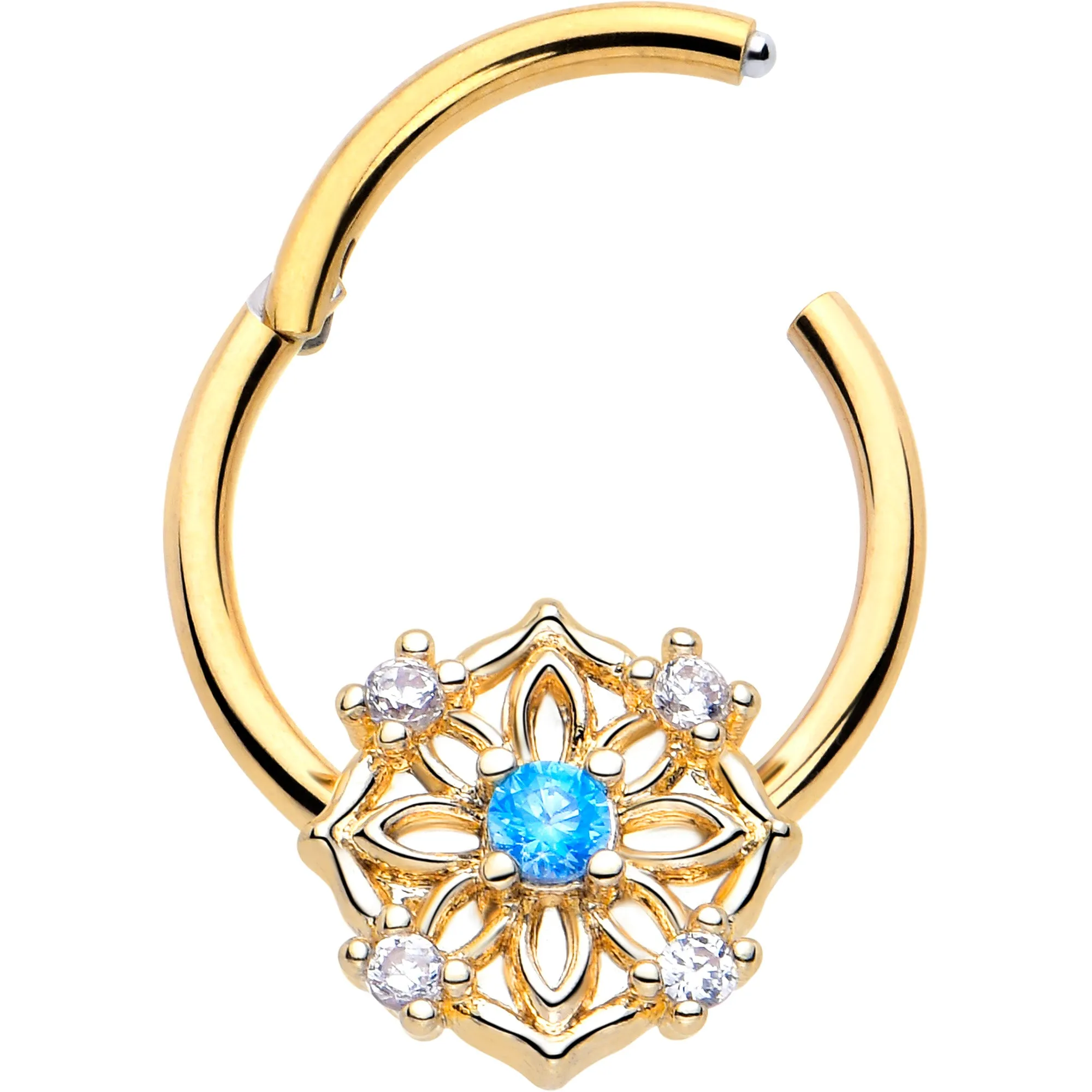 16 Gauge 3/8 Blue CZ Gem Gold Tone Flower Ring Hinged Segment Ring