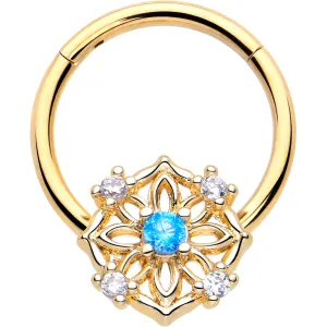 16 Gauge 3/8 Blue CZ Gem Gold Tone Flower Ring Hinged Segment Ring