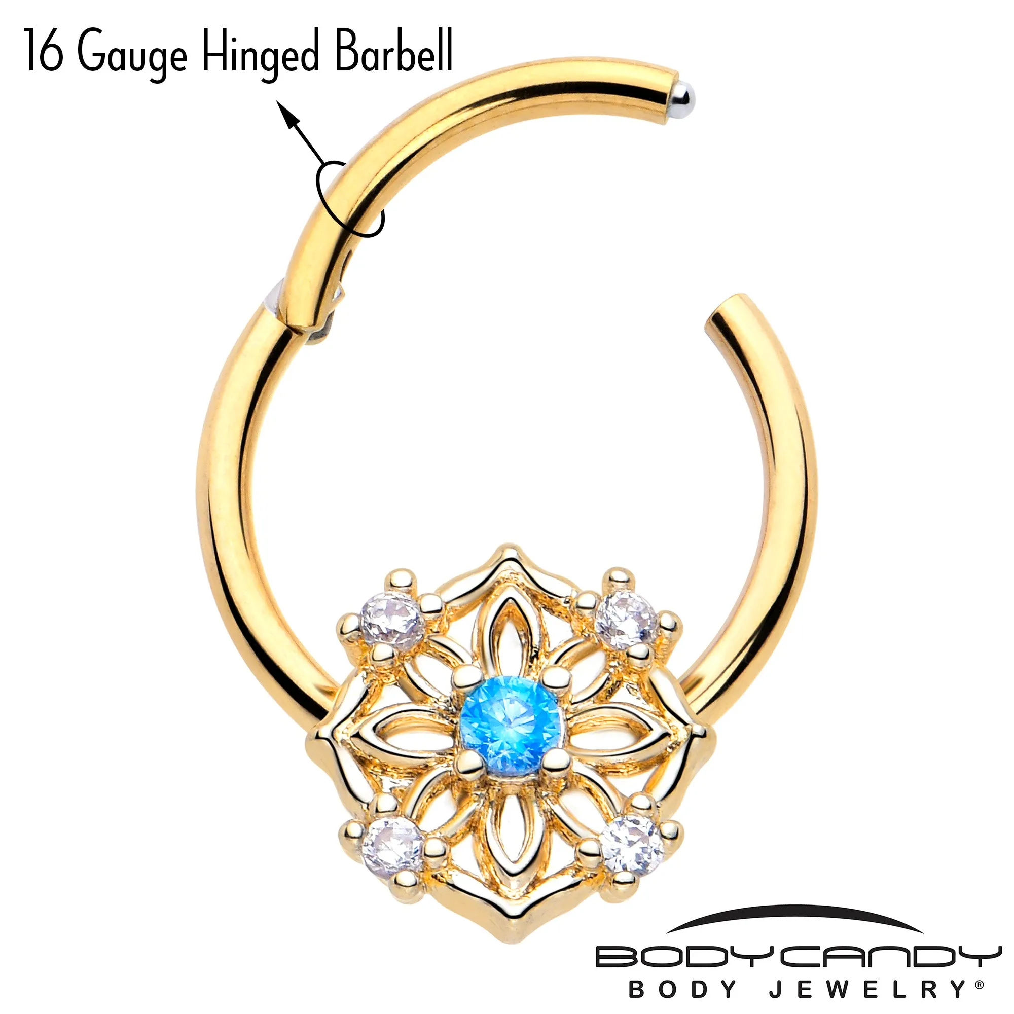 16 Gauge 3/8 Blue CZ Gem Gold Tone Flower Ring Hinged Segment Ring