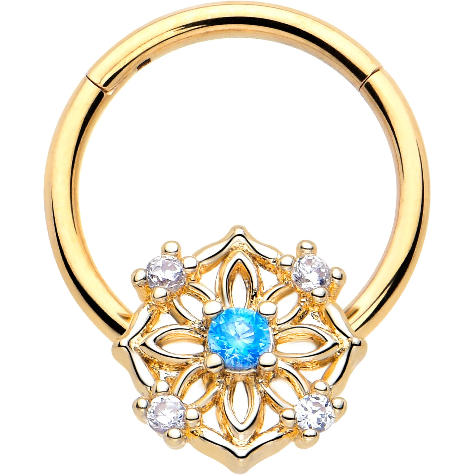 16 Gauge 3/8 Blue CZ Gem Gold Tone Flower Ring Hinged Segment Ring