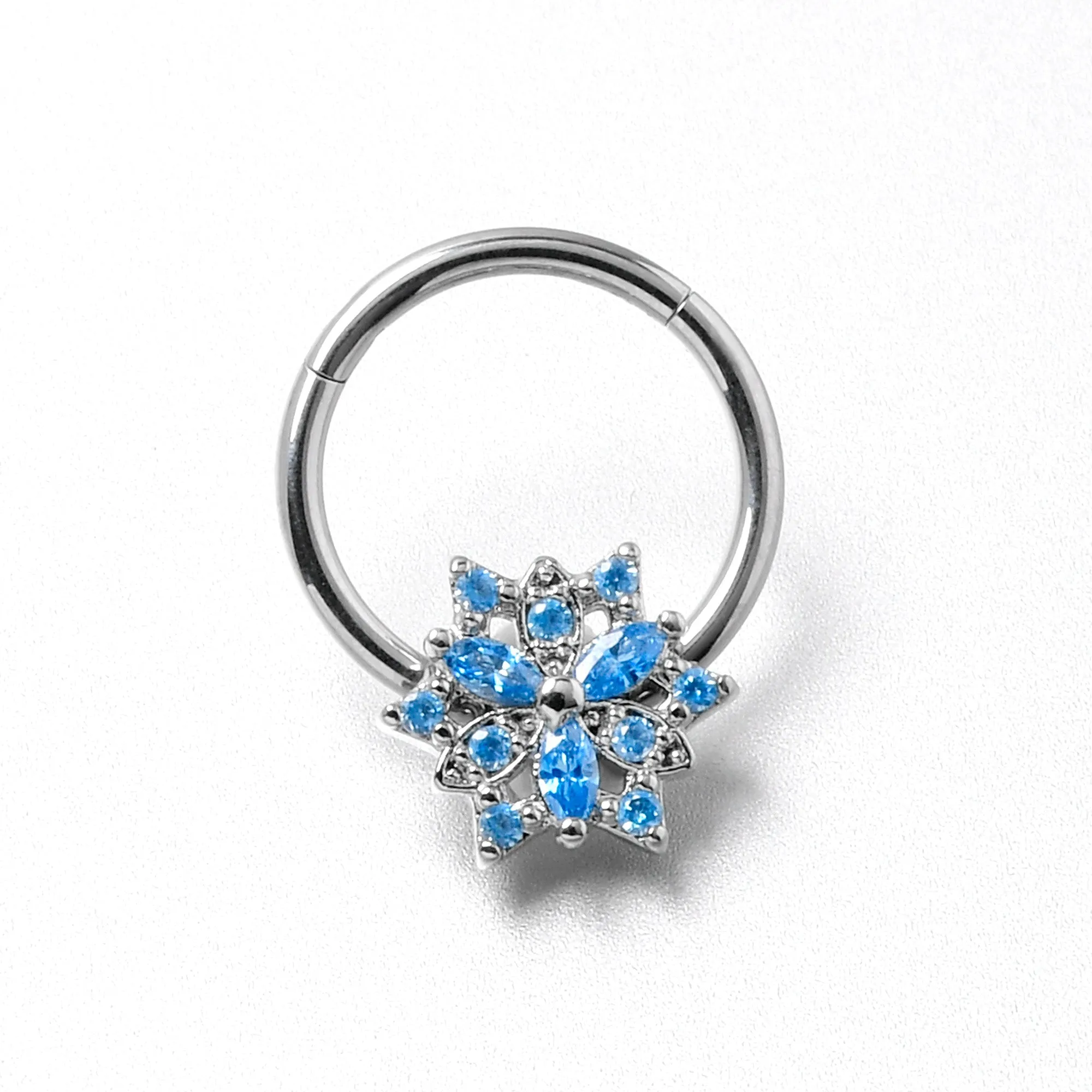 16 Gauge 3/8 Blue CZ Gem Snowflake Style Hinged Segment Ring