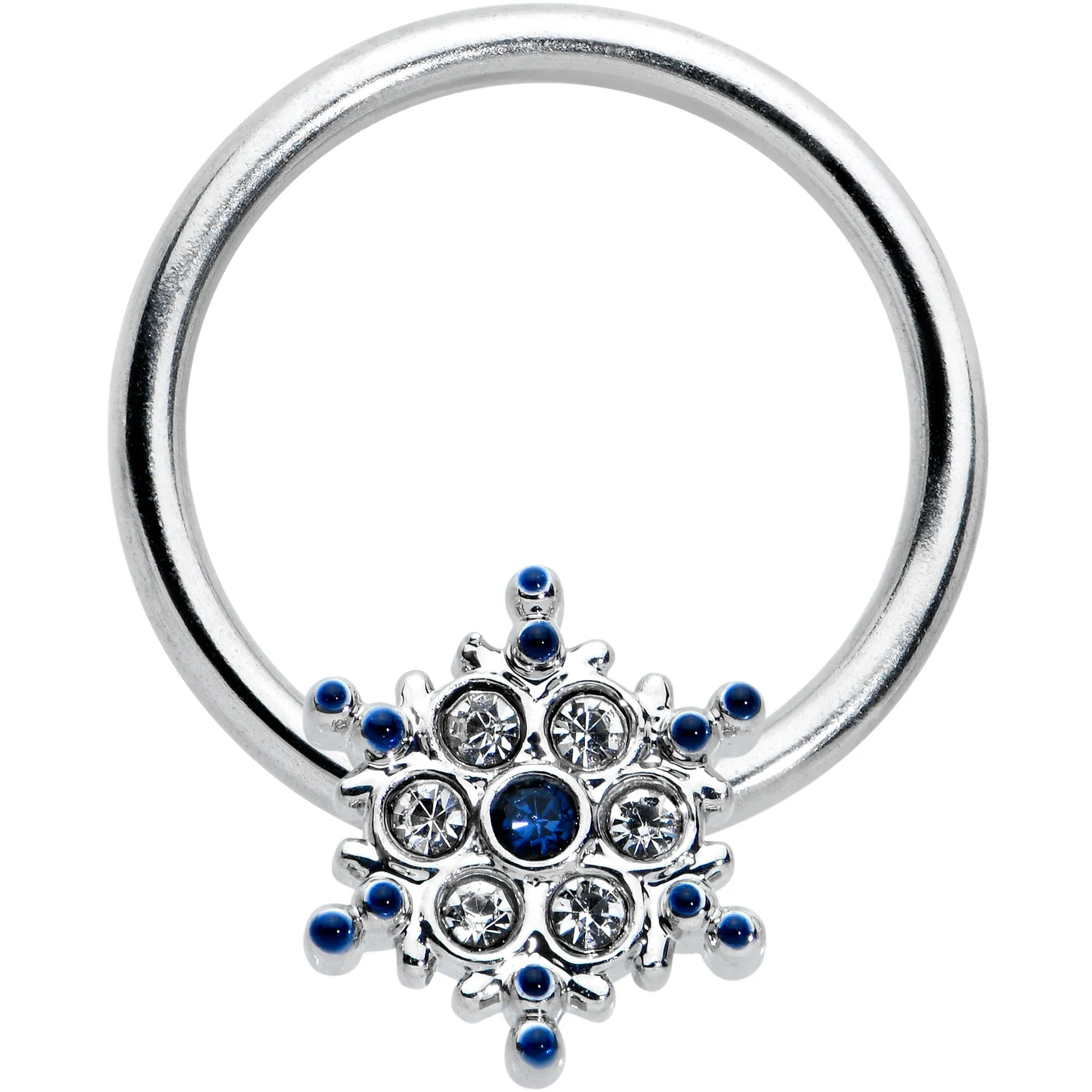 16 Gauge 3/8 Clear Blue Gem Festive Snowflake BCR Captive Ring