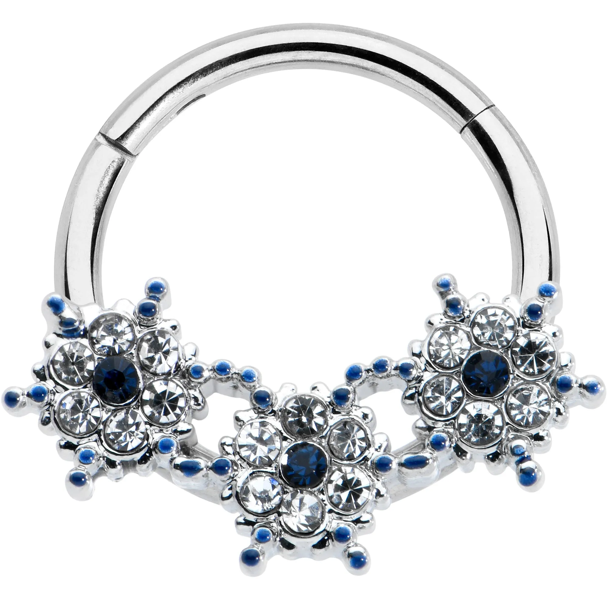 16 Gauge 3/8 Clear Blue Gem Festive Trio Snowflake Hinged Segment Ring