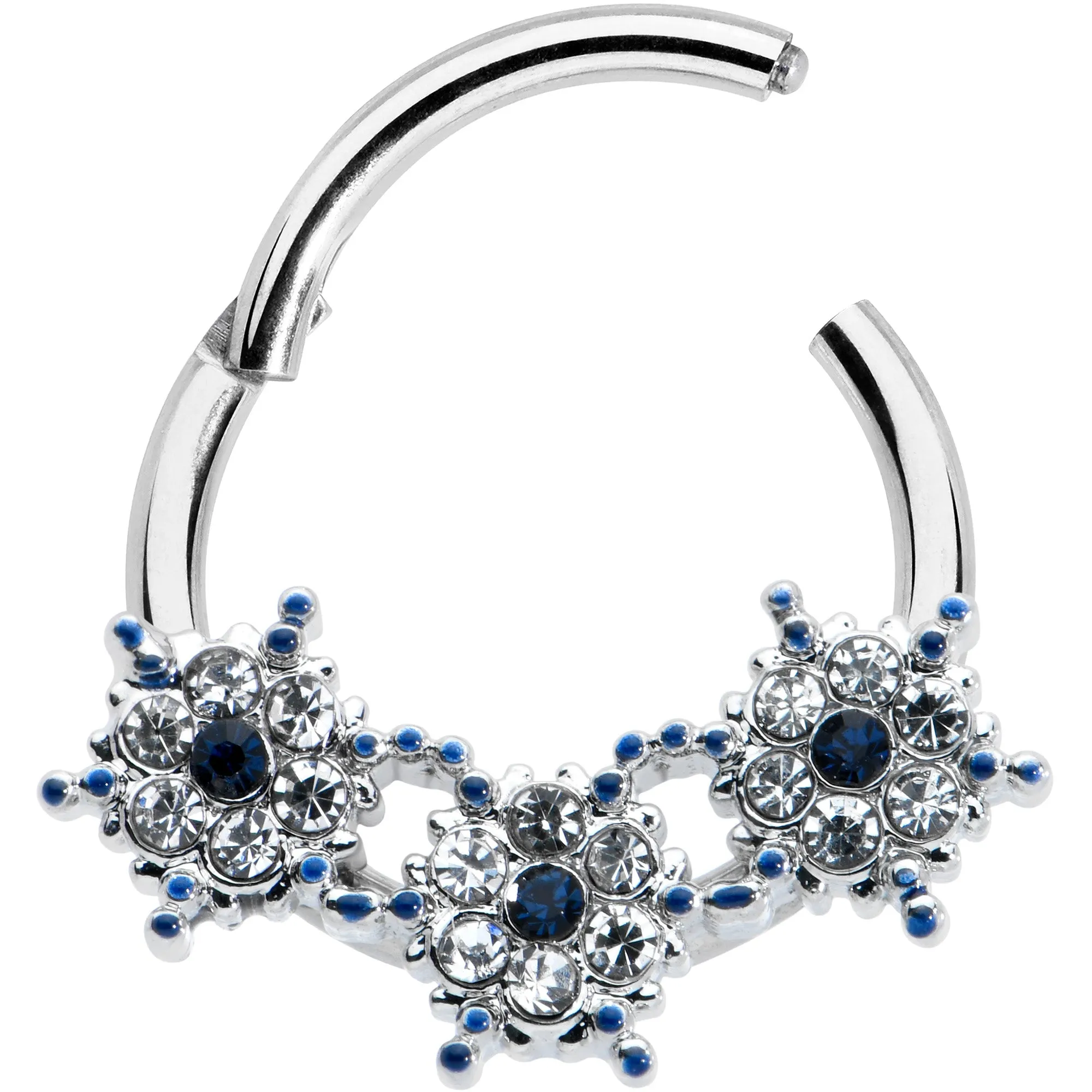 16 Gauge 3/8 Clear Blue Gem Festive Trio Snowflake Hinged Segment Ring
