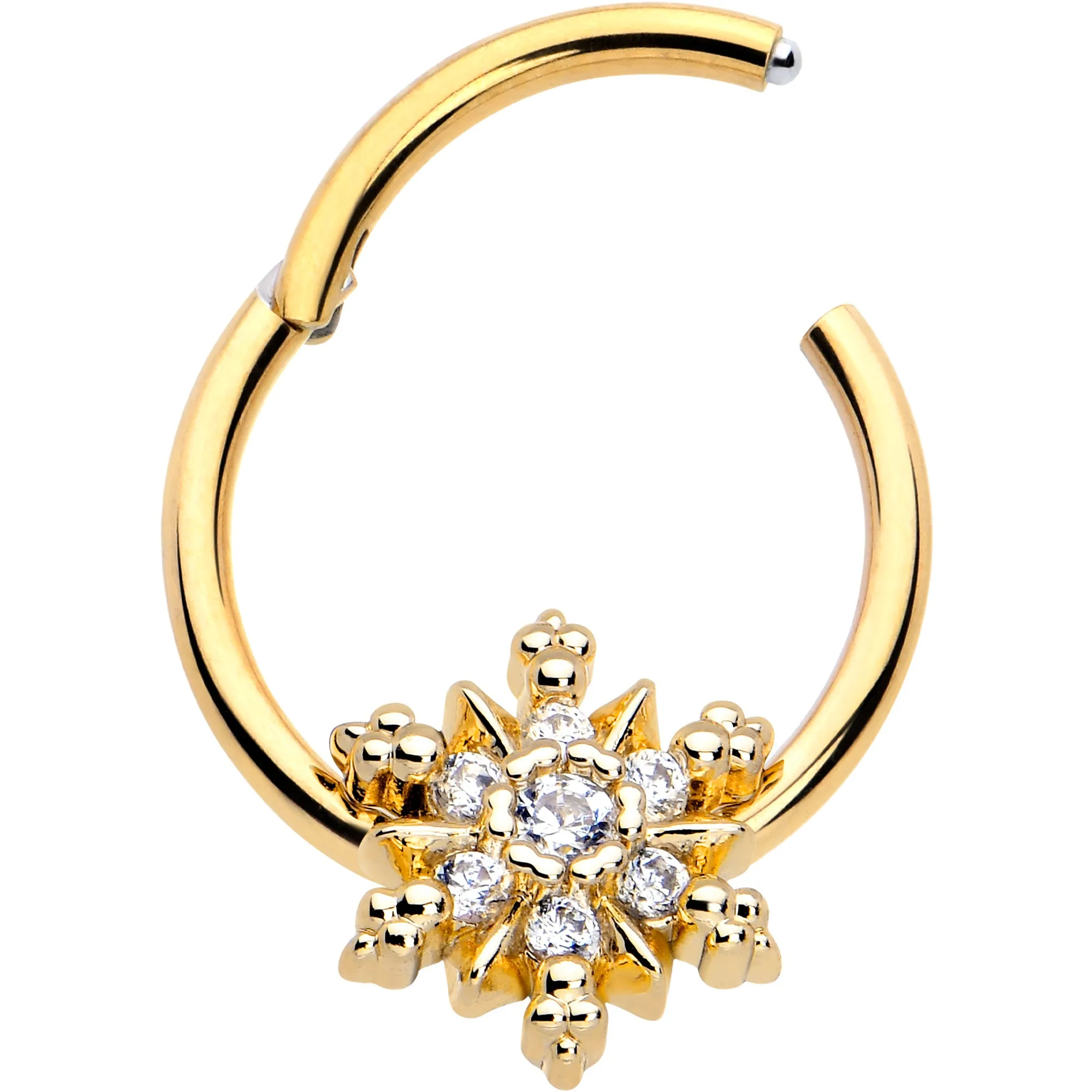 16 Gauge 3/8 Clear CZ Gem Gold Tone Glam Snowflake Hinged Segment Ring