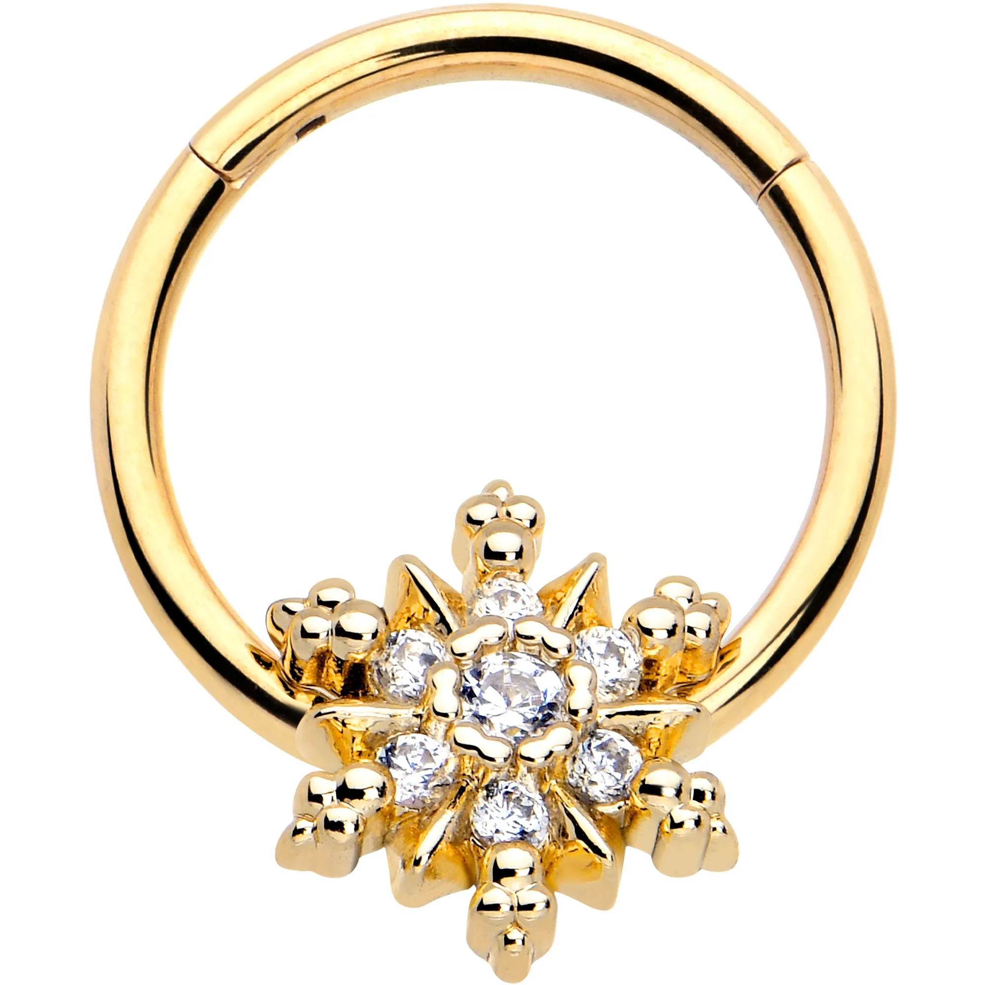 16 Gauge 3/8 Clear CZ Gem Gold Tone Glam Snowflake Hinged Segment Ring