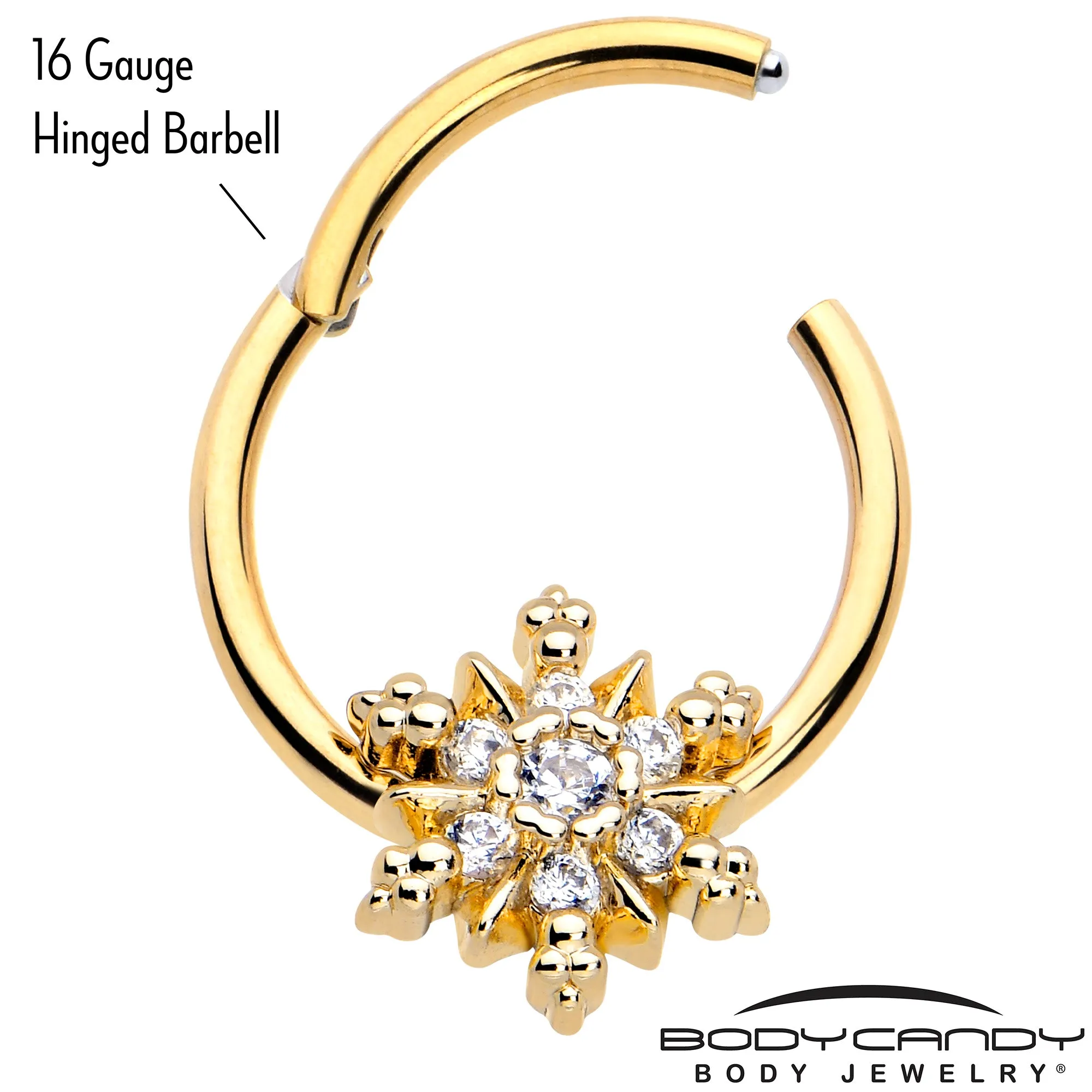 16 Gauge 3/8 Clear CZ Gem Gold Tone Glam Snowflake Hinged Segment Ring