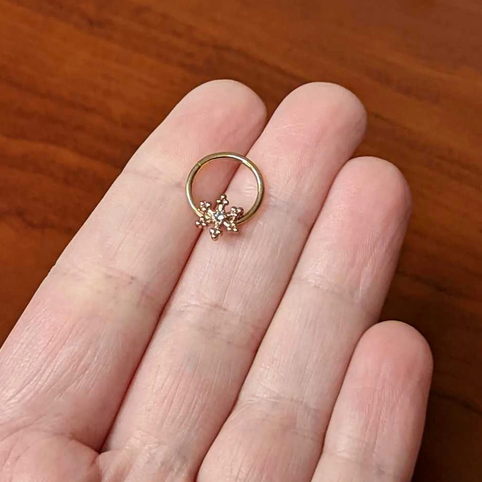 16 Gauge 3/8 Clear Gem Rose Gold Tone Snowflake Hinged Segment Ring
