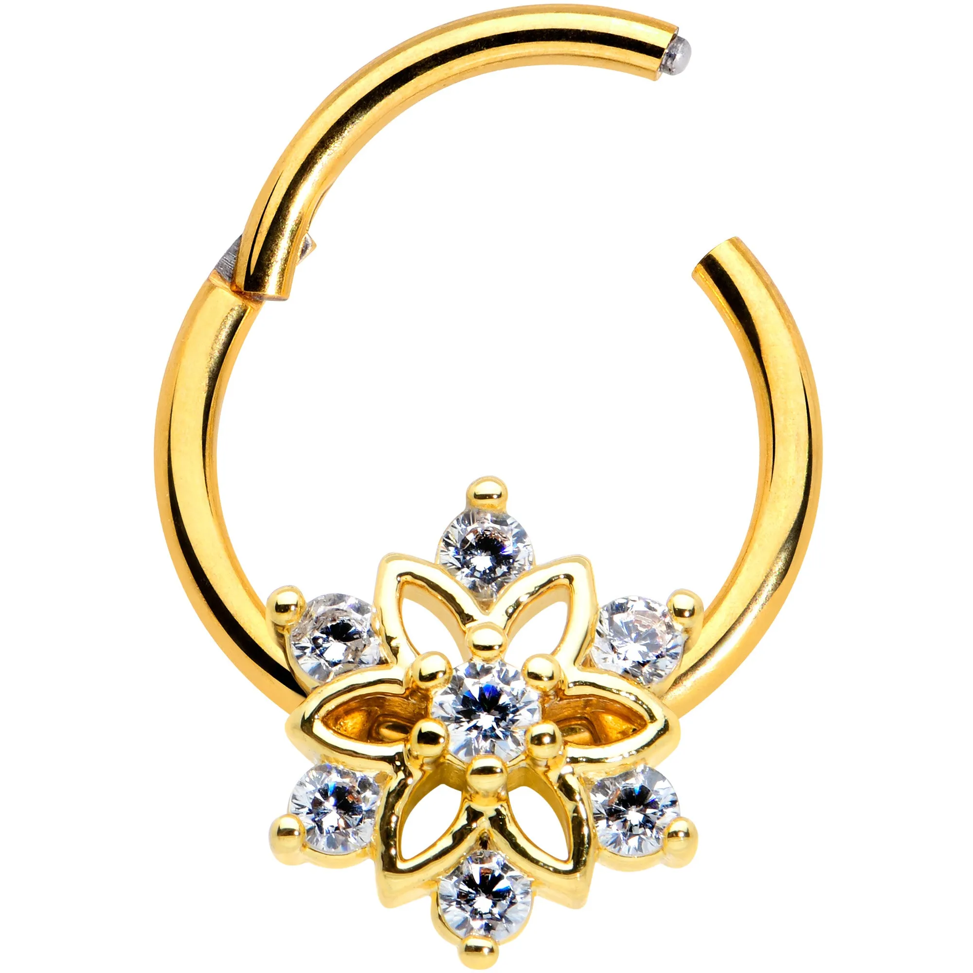 16 Gauge 3/8 Clear Gold Tone Flower Snowflake Christmas Hinged Segment Ring