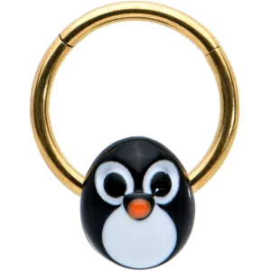 16 Gauge 3/8 Gold Tone Round Penguin Face Holiday Hinged Segment Ring