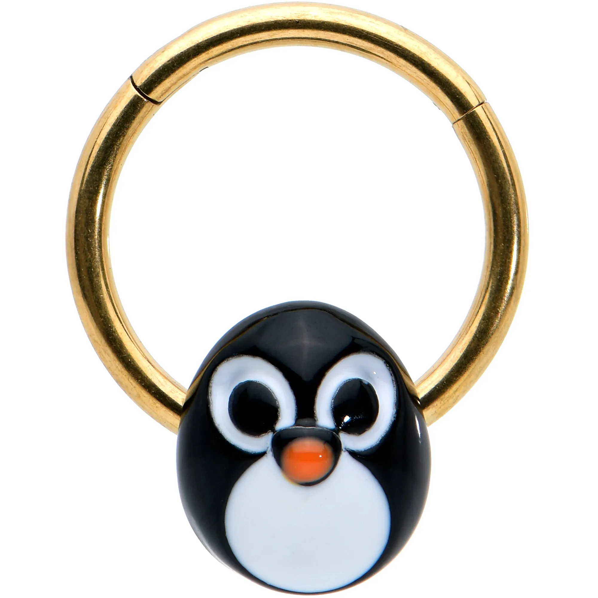 16 Gauge 3/8 Gold Tone Round Penguin Face Holiday Hinged Segment Ring