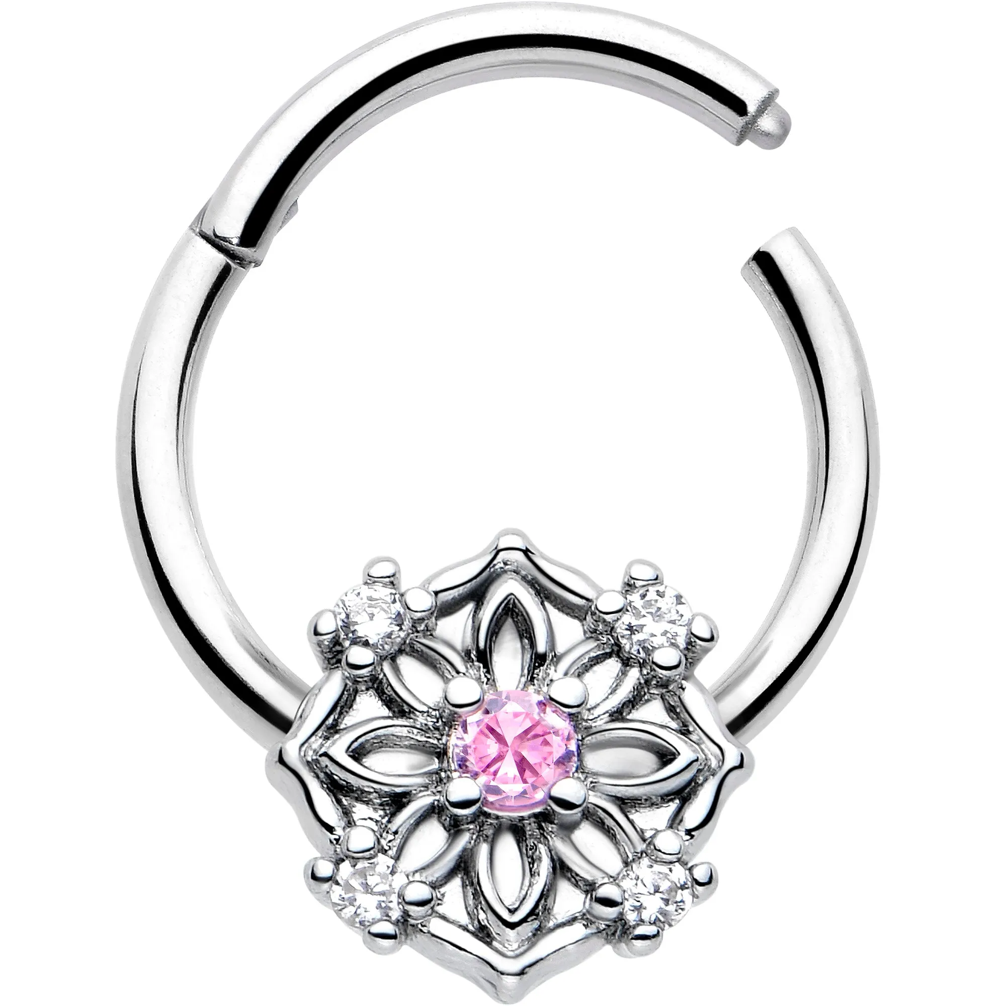 16 Gauge 3/8 Pink CZ Gem Flower Circle Hinged Segment Ring