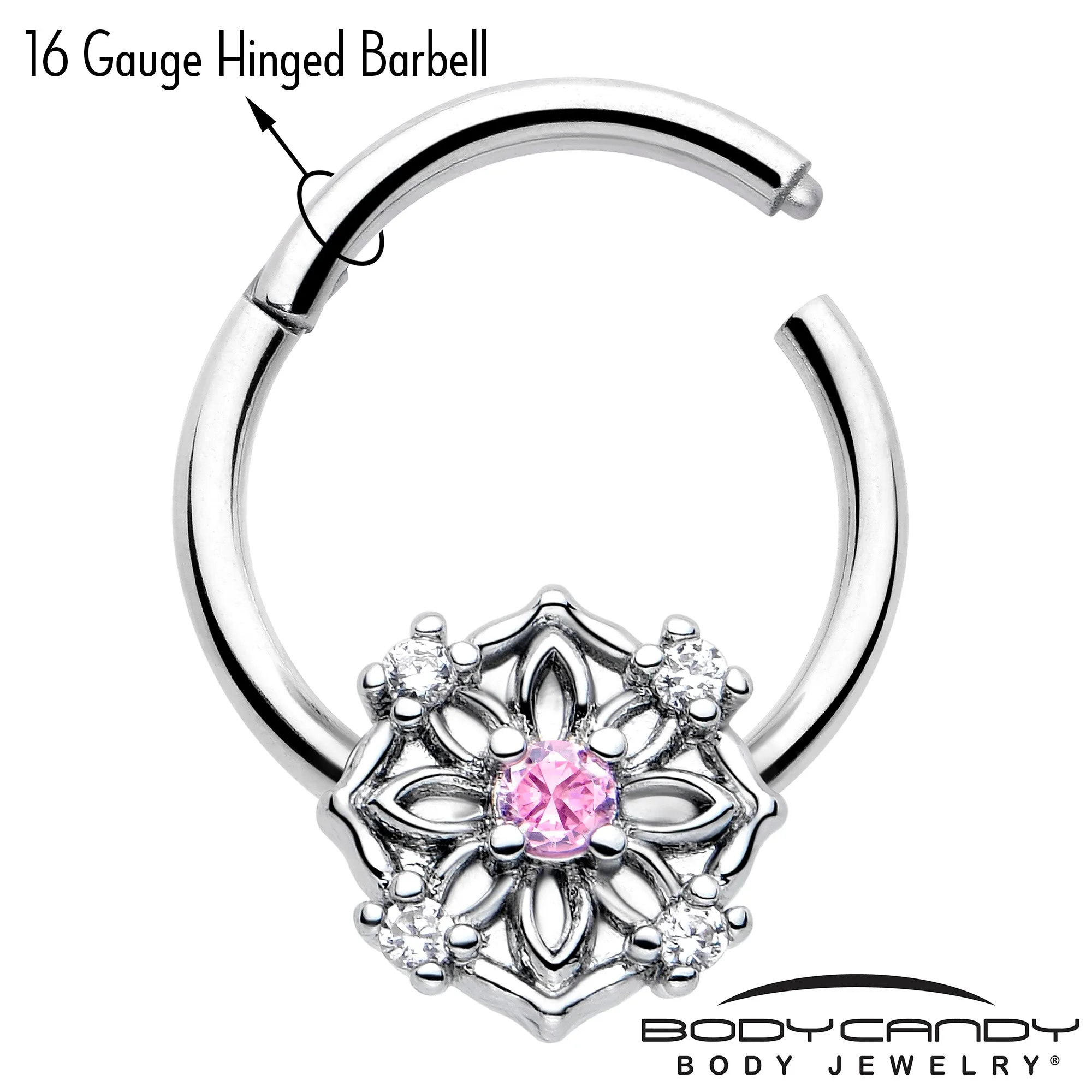 16 Gauge 3/8 Pink CZ Gem Flower Circle Hinged Segment Ring