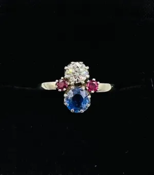 1950s Sapphire Diamond Ruby White Gold Vintage Engagement Ring
