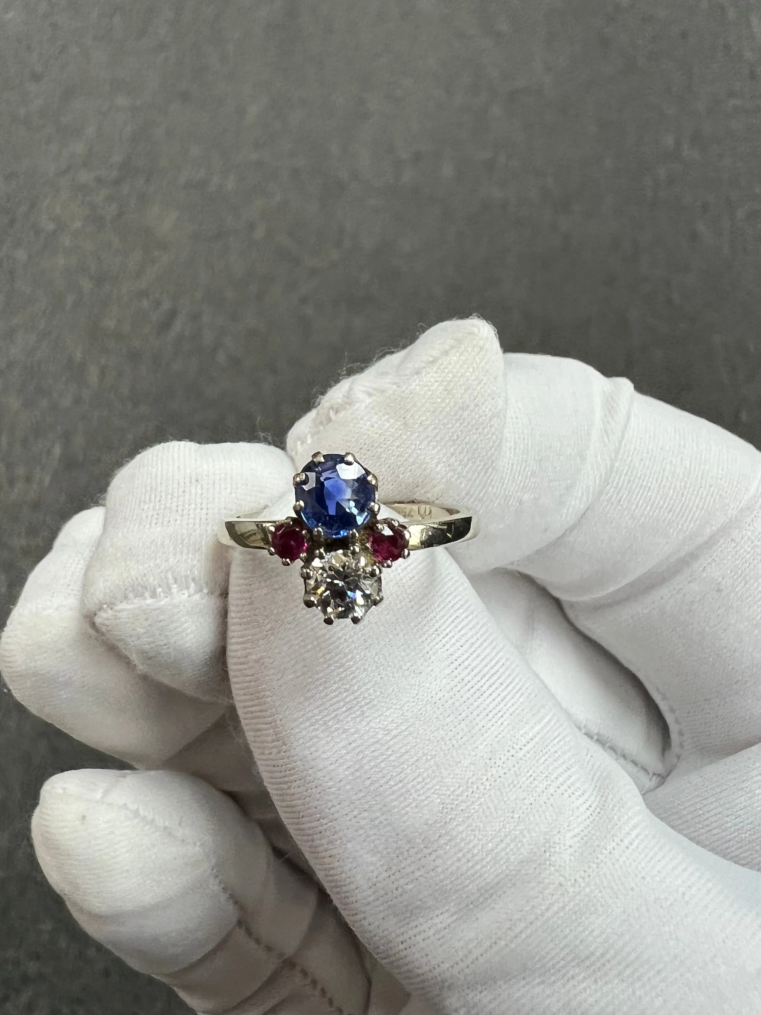 1950s Sapphire Diamond Ruby White Gold Vintage Engagement Ring