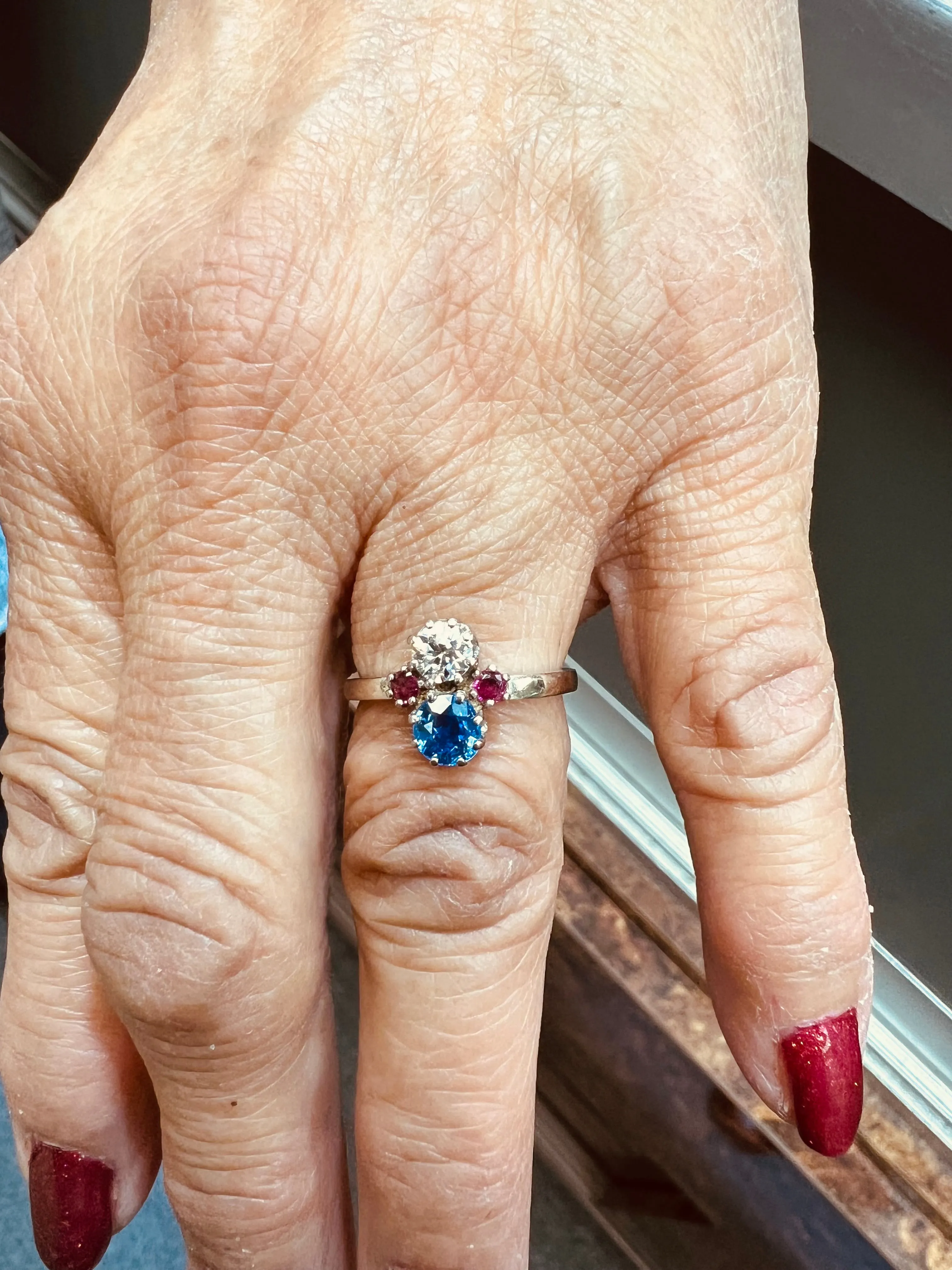 1950s Sapphire Diamond Ruby White Gold Vintage Engagement Ring