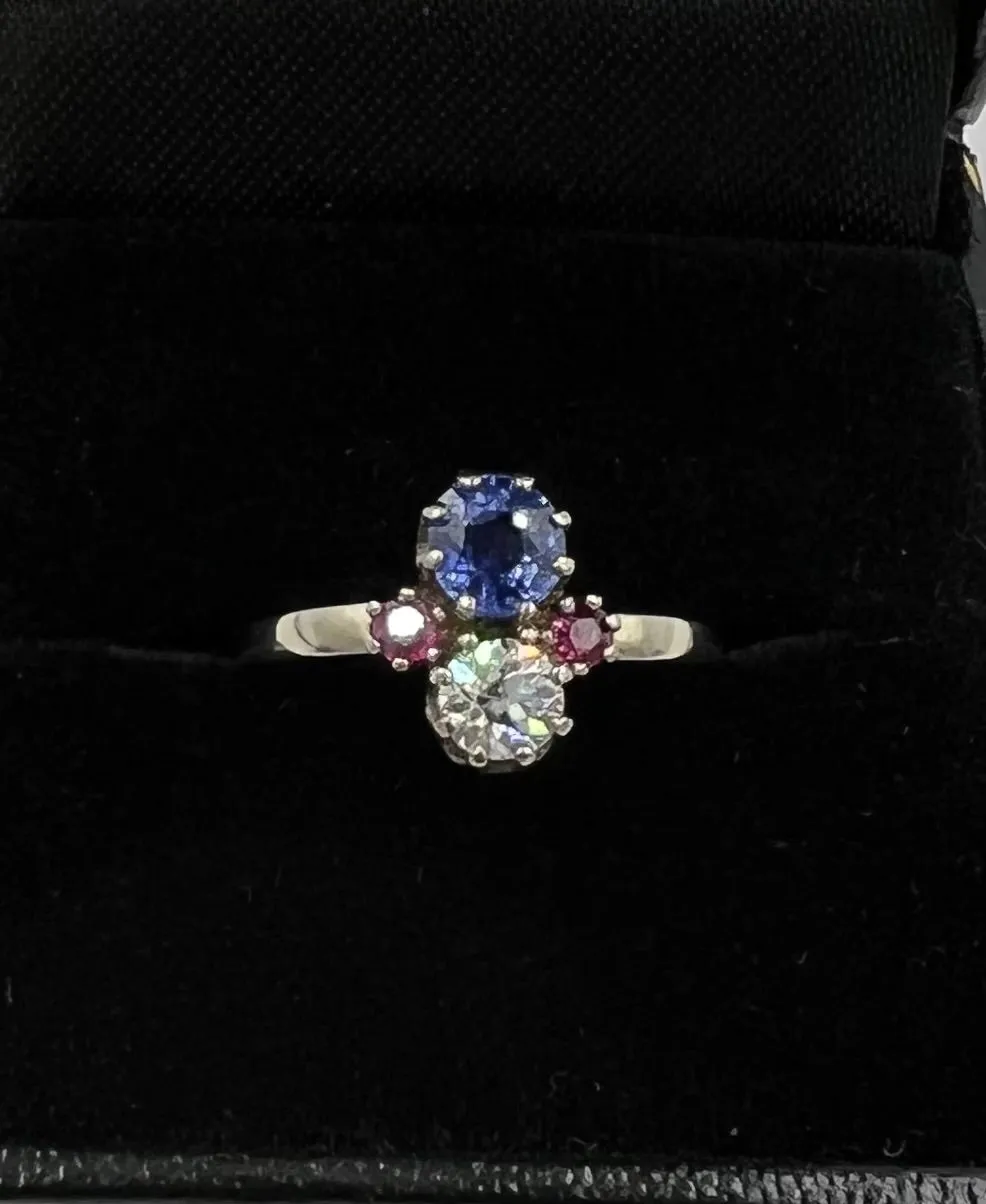1950s Sapphire Diamond Ruby White Gold Vintage Engagement Ring