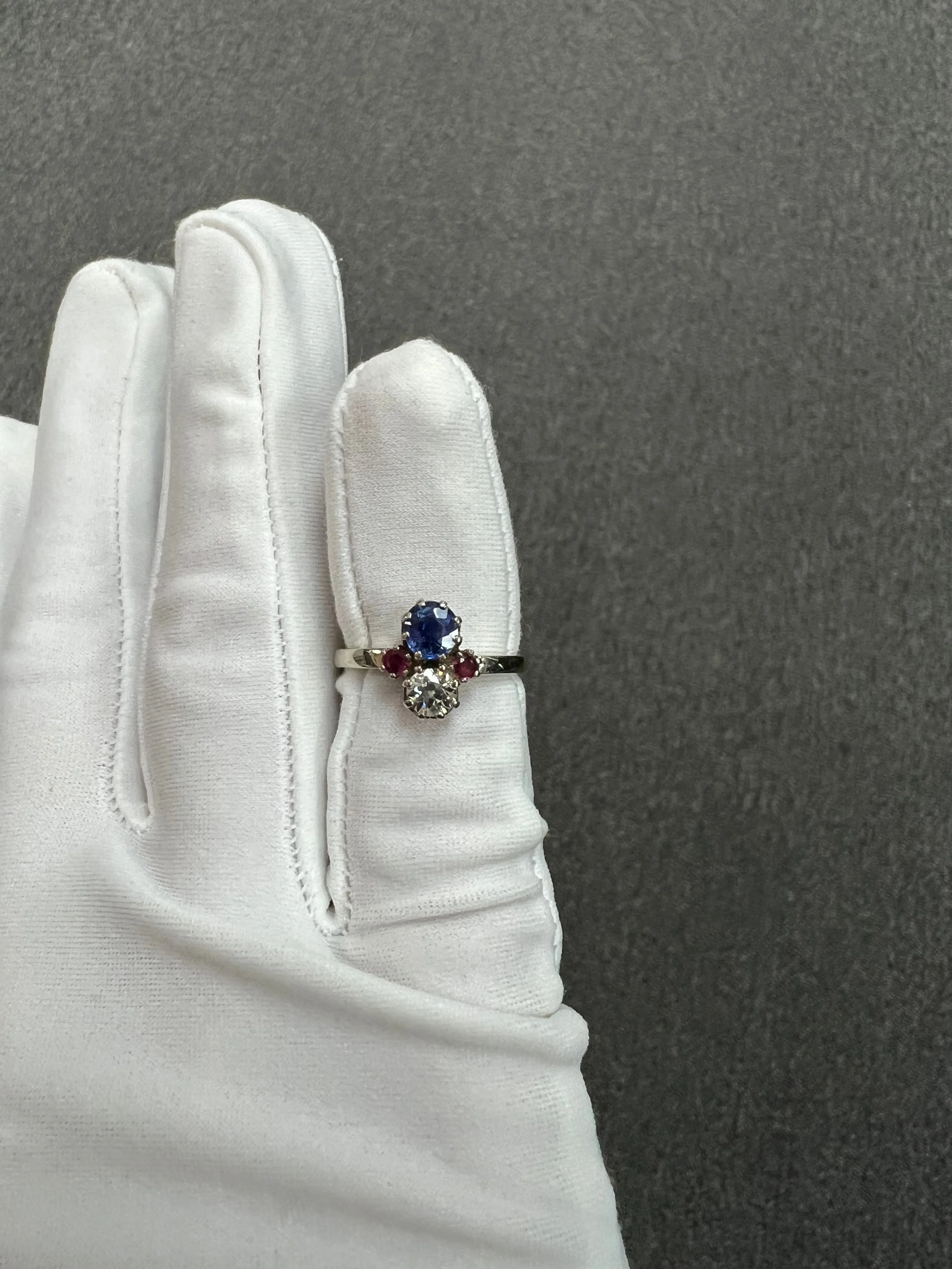 1950s Sapphire Diamond Ruby White Gold Vintage Engagement Ring