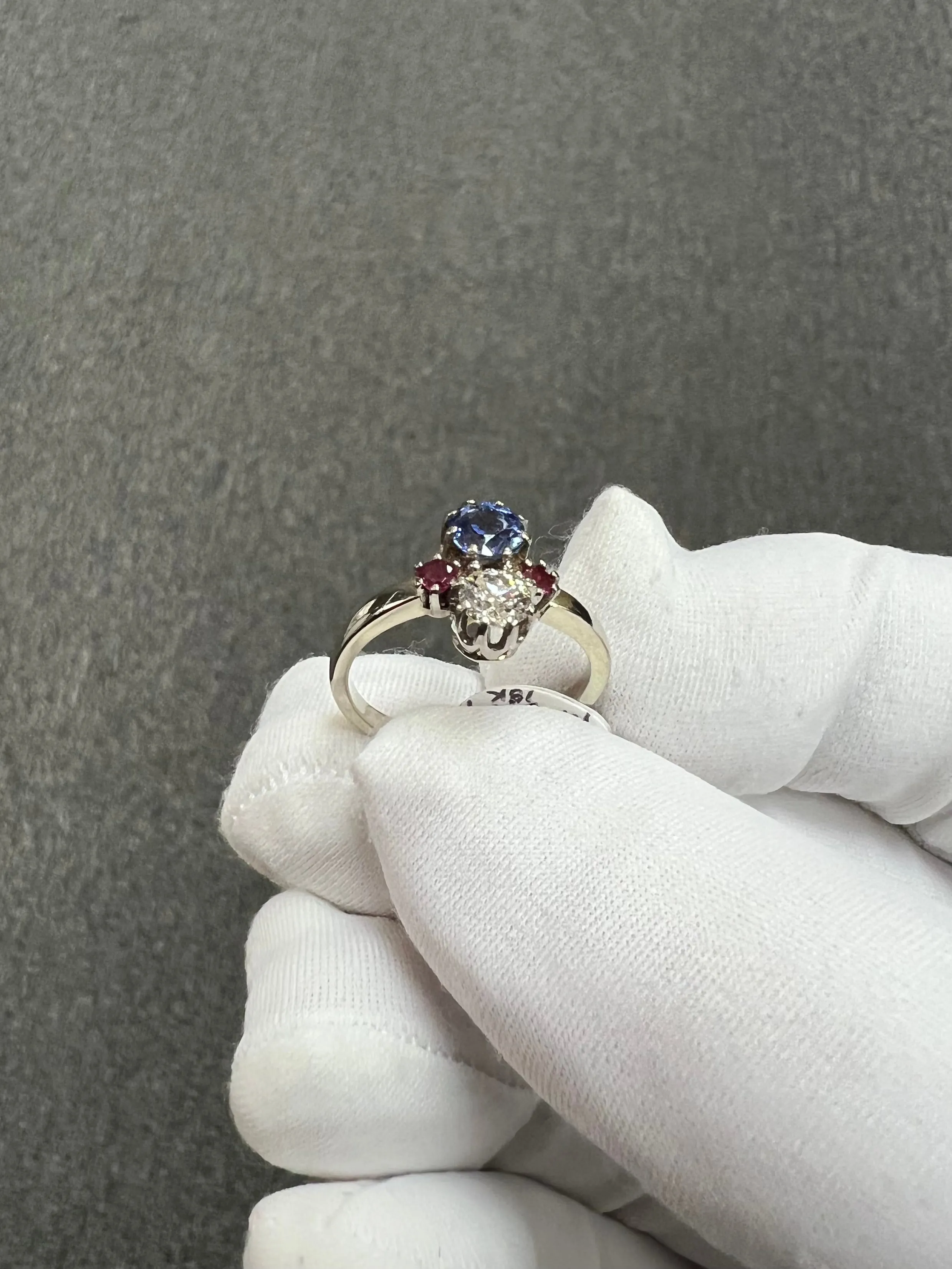 1950s Sapphire Diamond Ruby White Gold Vintage Engagement Ring