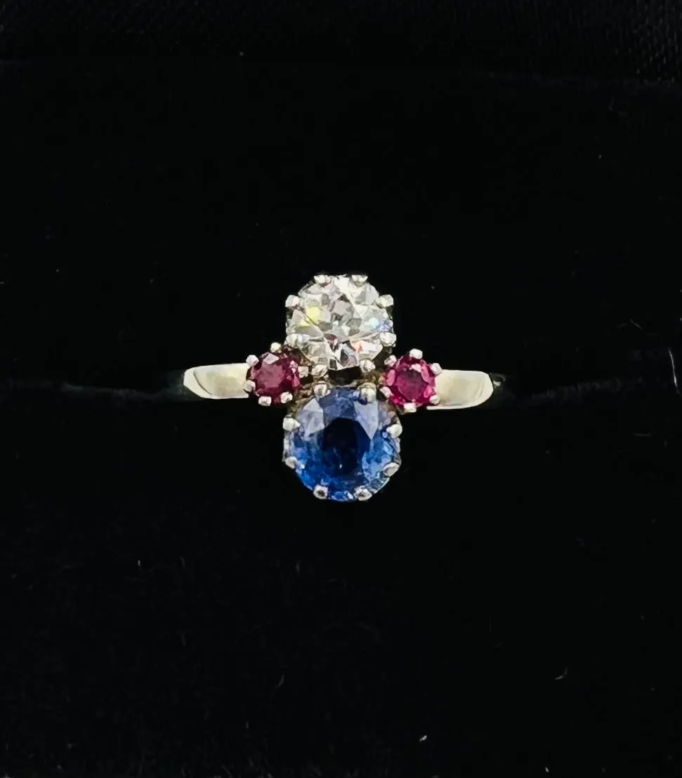 1950s Sapphire Diamond Ruby White Gold Vintage Engagement Ring