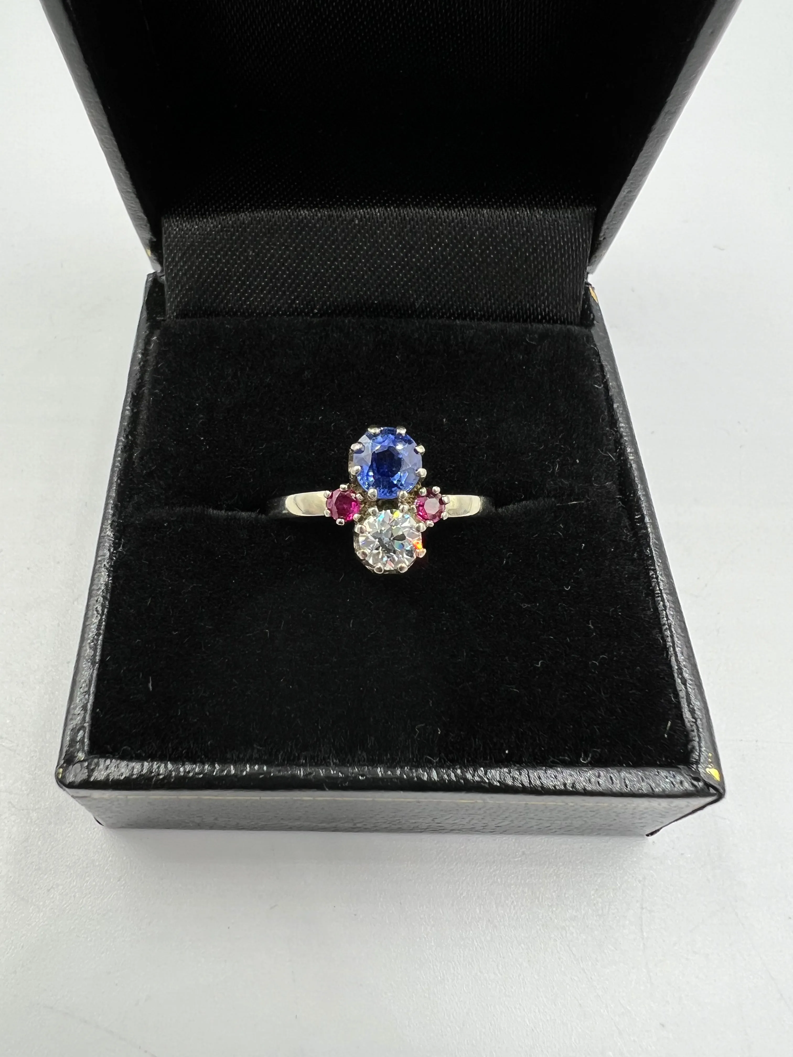 1950s Sapphire Diamond Ruby White Gold Vintage Engagement Ring