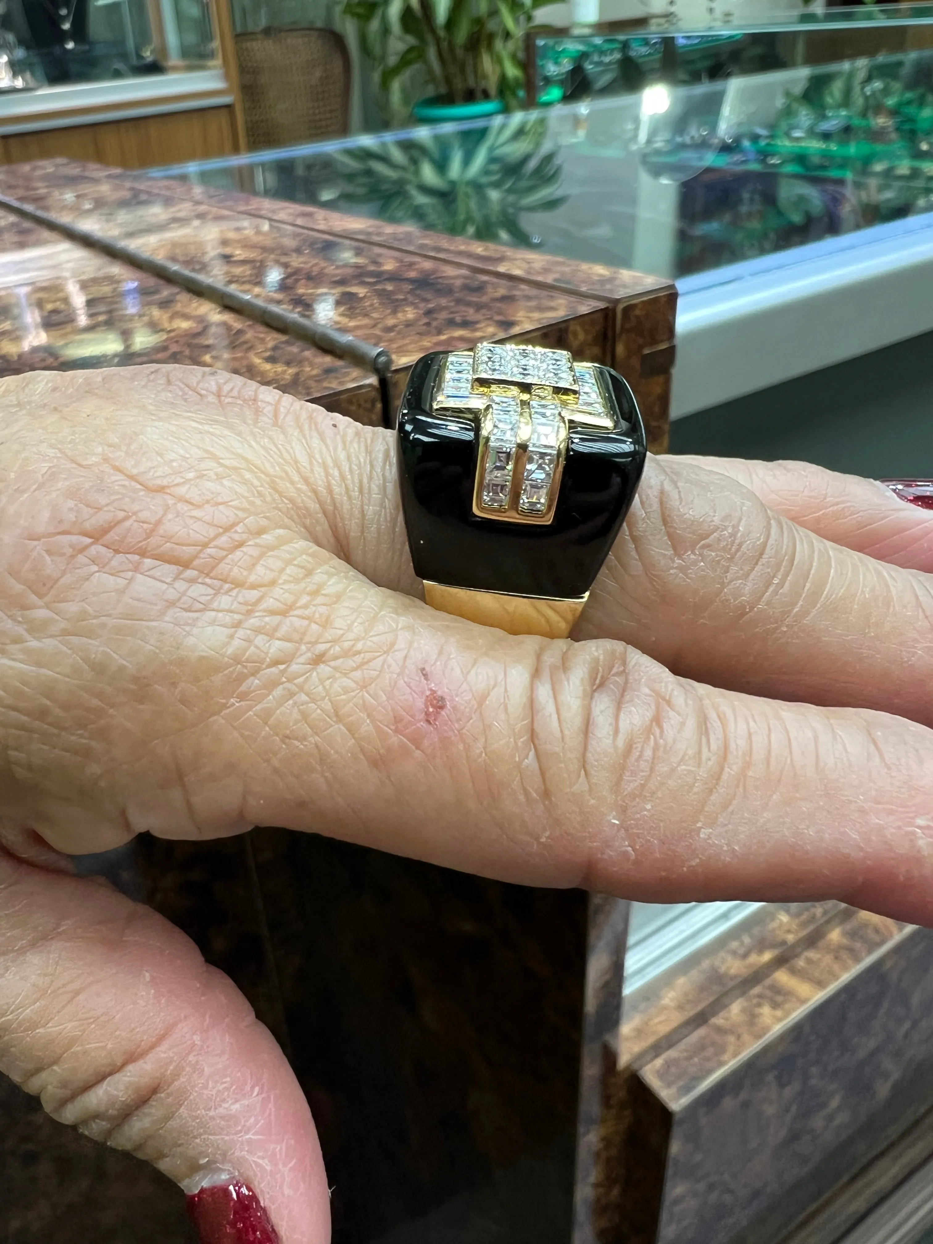 1970s Diamond Black Onyx 18k Yellow Gold Cocktail Ring