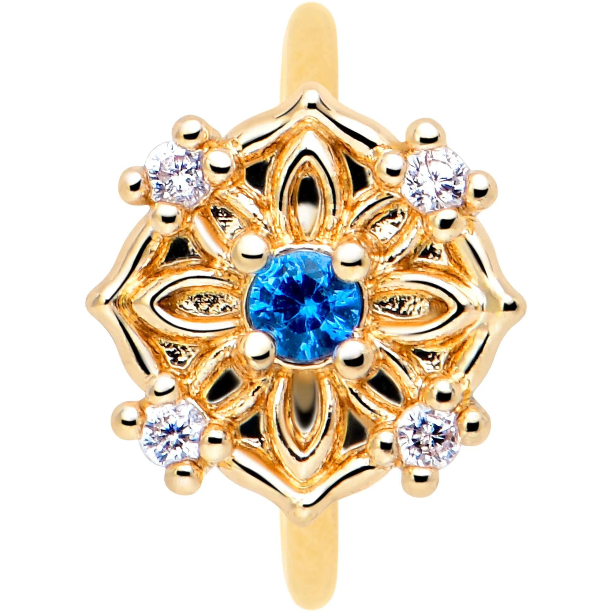 20 Gauge 5/16 Blue CZ Gem Gold Tone Flower Ring Nose Hoop