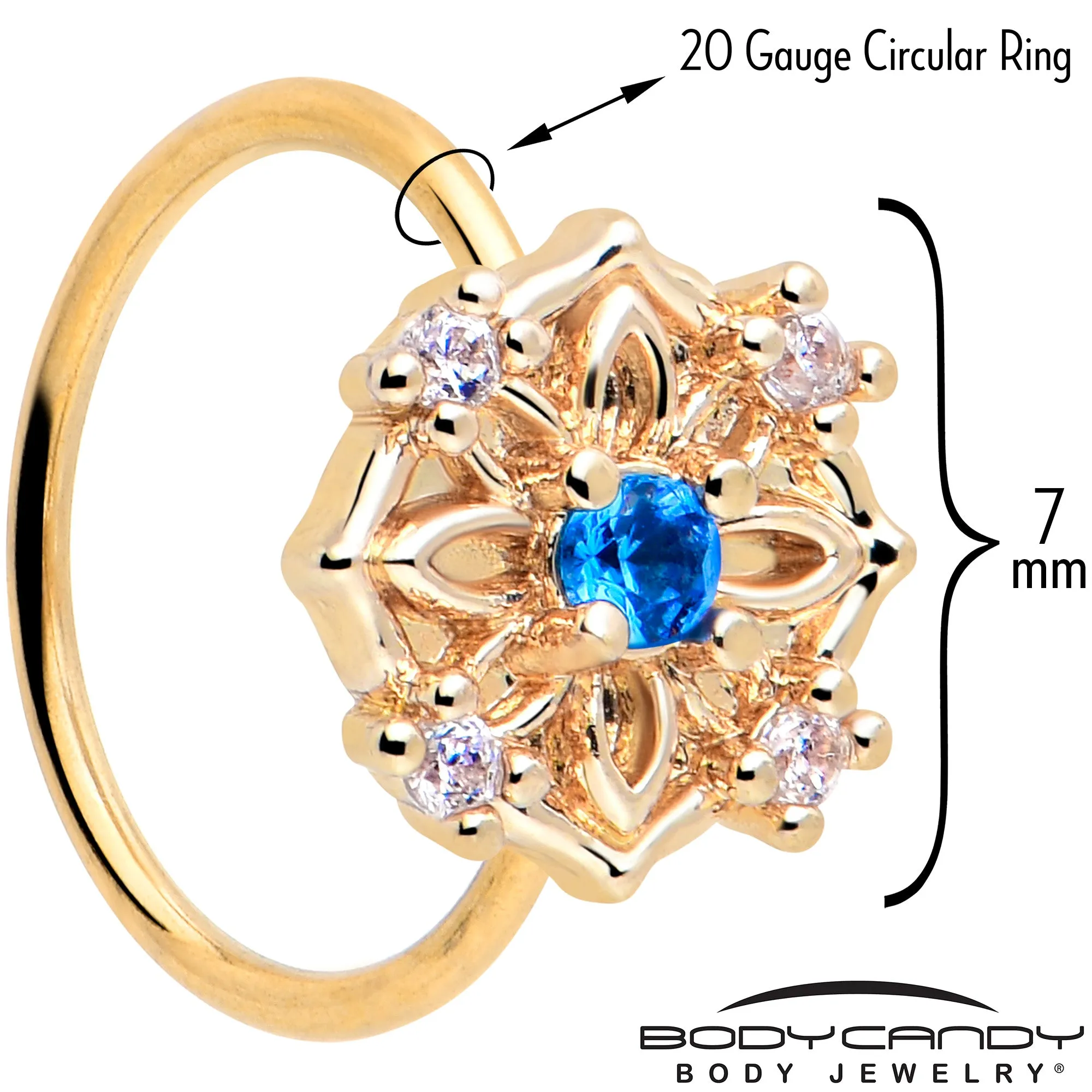 20 Gauge 5/16 Blue CZ Gem Gold Tone Flower Ring Nose Hoop
